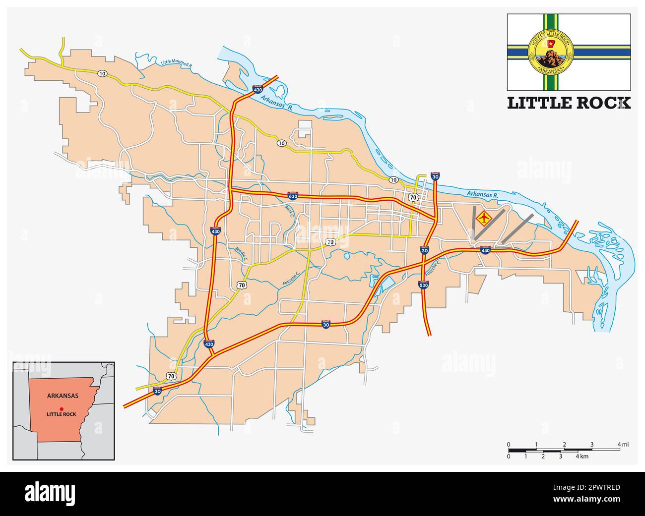 Einfache Straßenkarte der Stadt Little Rock, Arkansas, USA Stockfoto