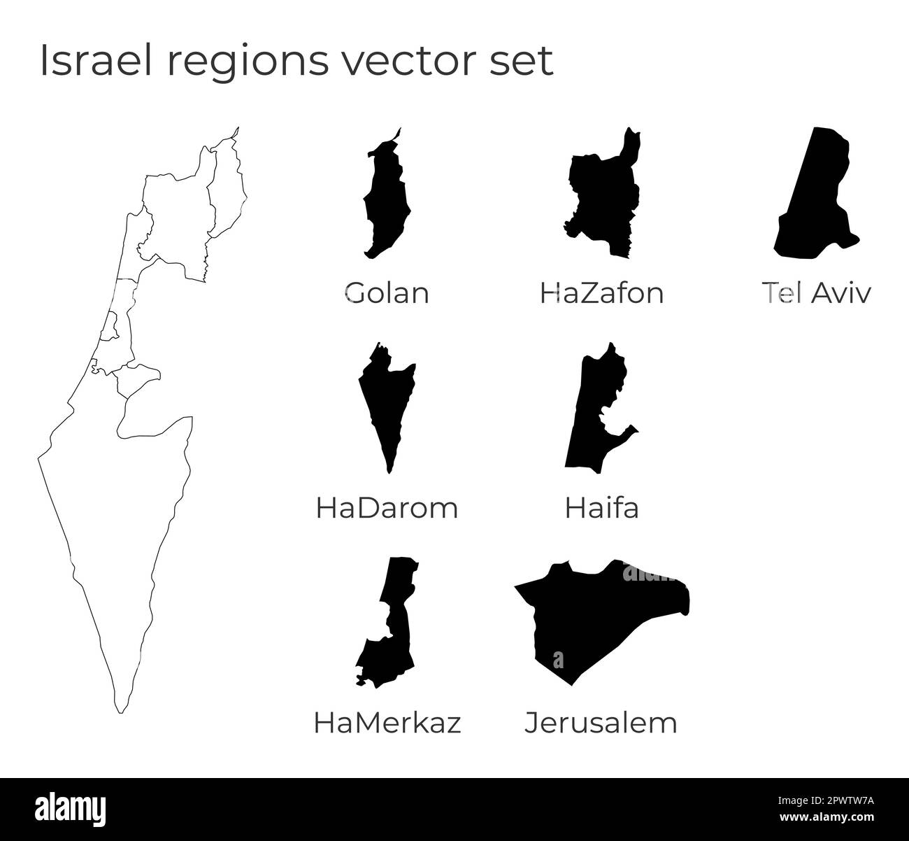 Israel Karte mit Formen von Regionen. Leere Vektorkarte des Landes mit Regionen. Grenzen des Landes für Ihre Infografik. Vektordarstellung. Stock Vektor