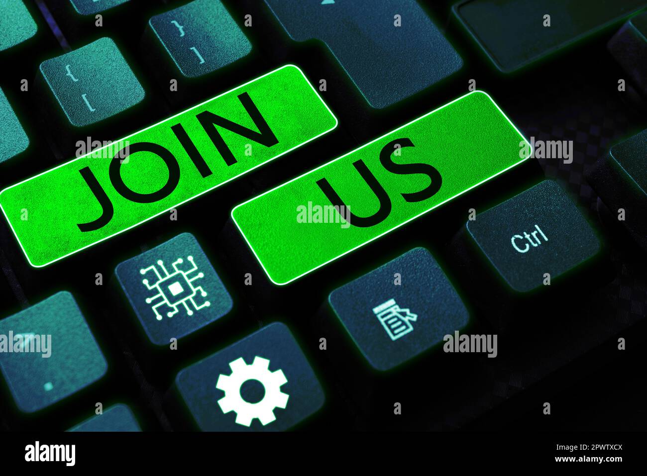 Inspiration zeigt das Schild Treten Sie uns bei, Word für „im Community-Team registrieren“ oder Blog Melden Sie sich bei den sozialen Medien an Stockfoto