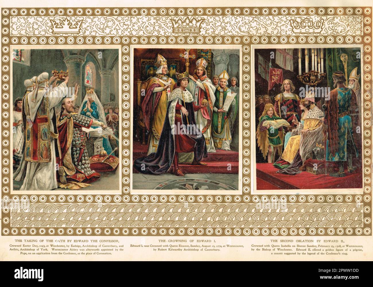 Illustrationen der Krönungen von Edward dem Beichtvater Edward I und Edward II in den Jahren 1043, 1274 und 1308 Stockfoto
