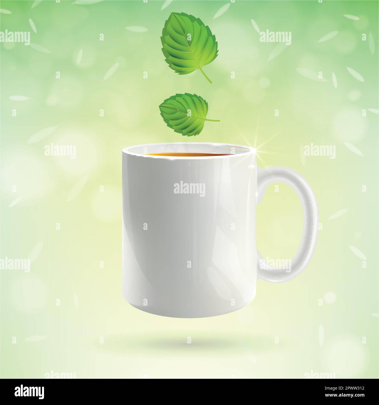 Tasse Tee am Morgen mit Minzblättern auf hellgrünem Hintergrund Stock Vektor