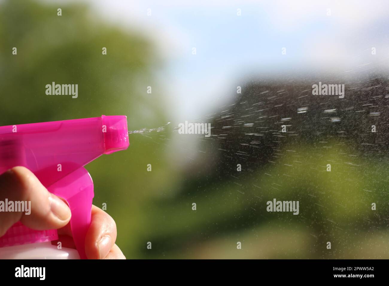 Wassernebel an einem heißen Sommertag. Pink Sprühflasche Action-Shot! Stockfoto