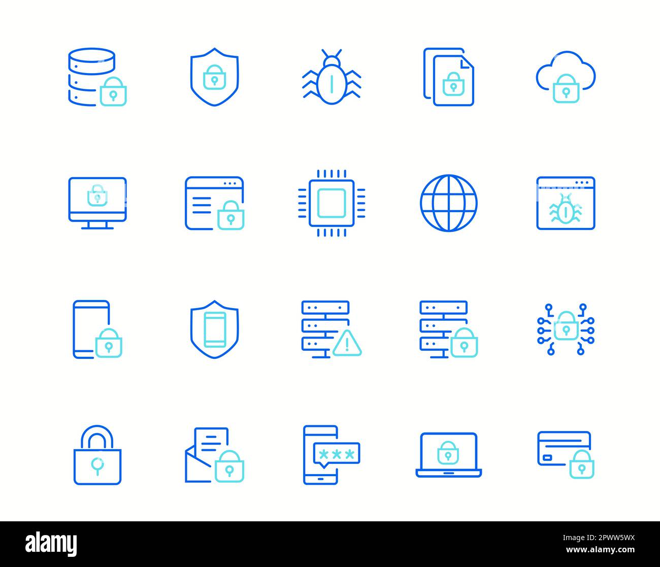 Symbole für Schutz- und Sicherheitsvektorlinie eingestellt. Technologie Zum Schutz Von Unternehmensdaten, Cybersicherheit, Schutz Von Computernetzwerken. Liniensymbole. Enthält Symbole wie Computersicherheit, digitales Schloss. Vektordarstellung Stock Vektor