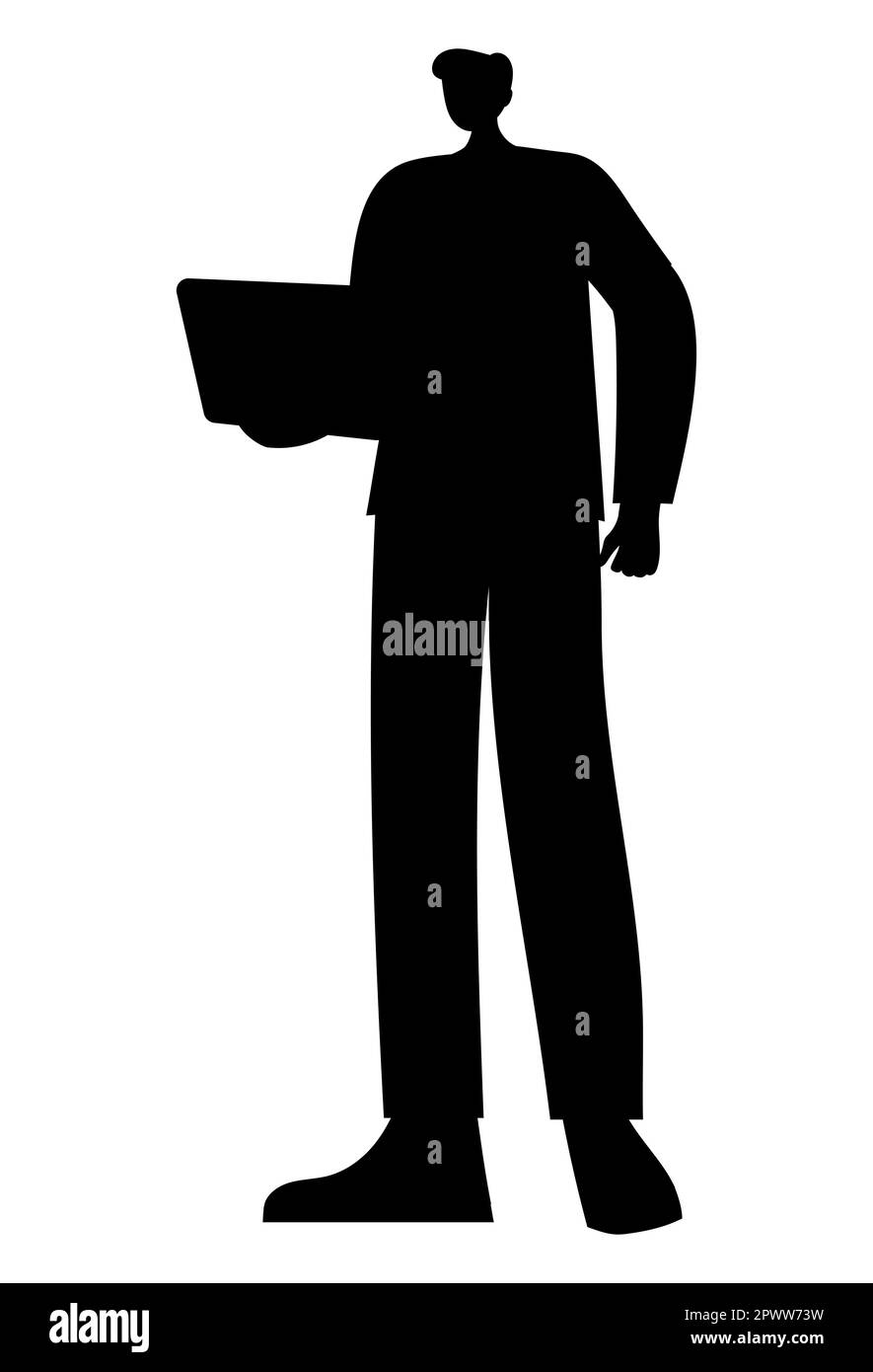 Schwarze Silhouette eines Zeichentrickfiguren-Mannes mit einem Laptop, einem jungen Büroangestellten Stock Vektor