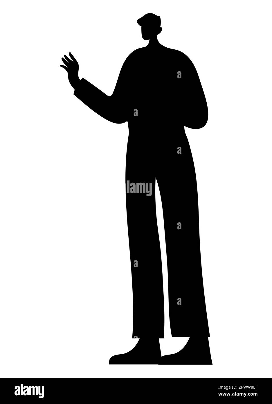 Schwarze Silhouette eines animierten Mannes, der seine Hand winkt, Vektordarstellung, Zeichentrickfigur Stock Vektor
