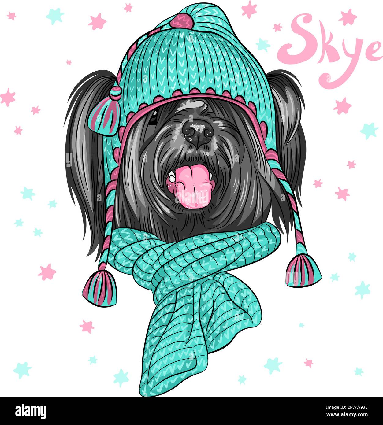 Farbskizze Cartoon Hipster niedlichen Hund Skye Terrier Rasse in gestrickte Mütze und Schal Stock Vektor