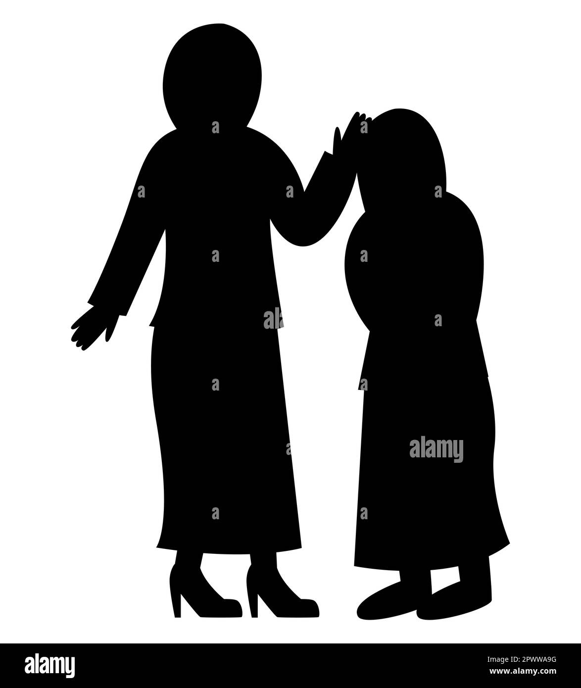 Schwarze Silhouette einer Lehrerin, die eine Schülerin tröstet, muslimische Lehrerin, Mutter tröstet ihr Kind Stock Vektor