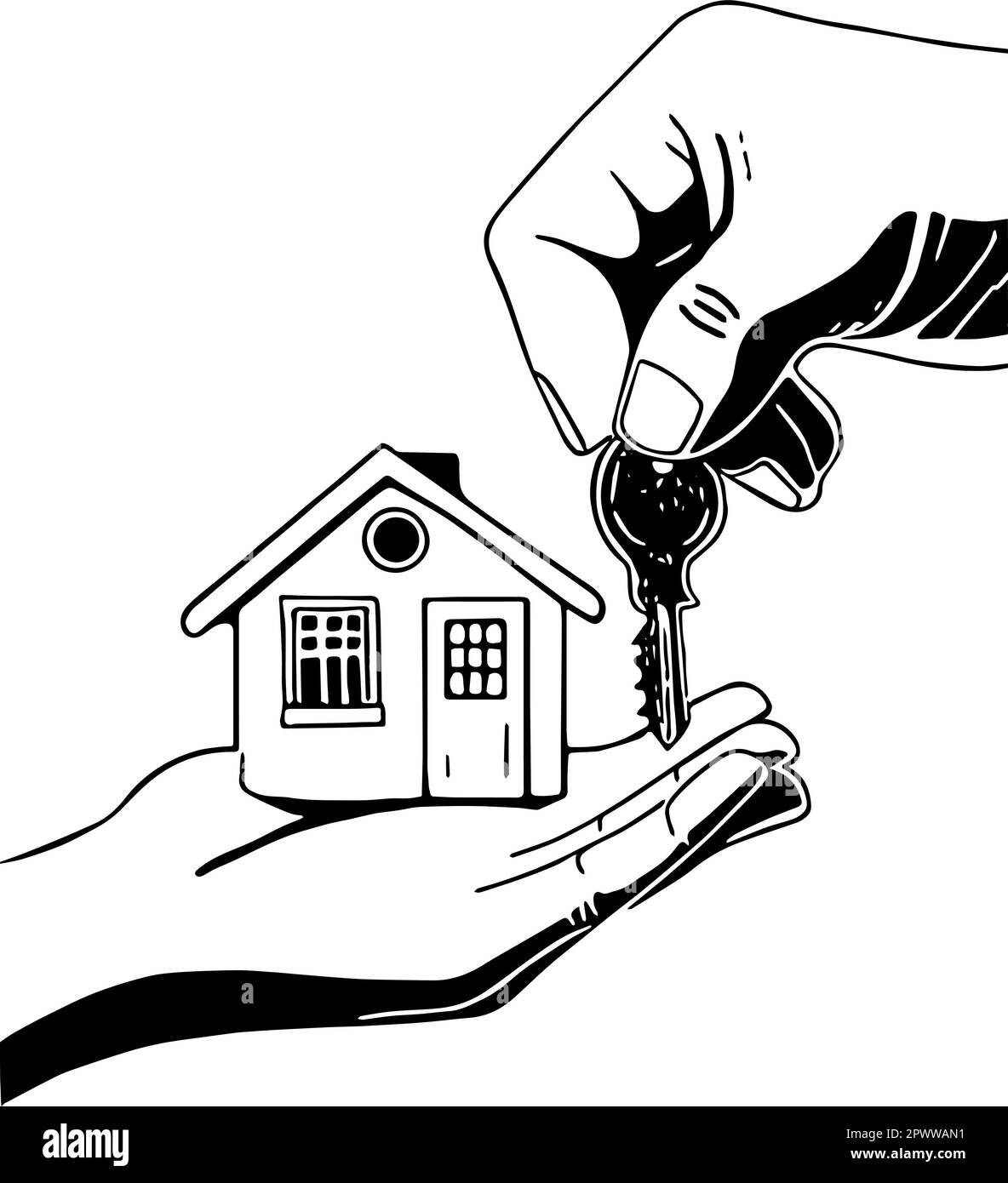 Haus in einer Hand, der Schlüssel wird übergeben. Symbol für den Kauf eines Hauses oder die Miete eines Hauses. Vektor aus Konturen. Stock Vektor