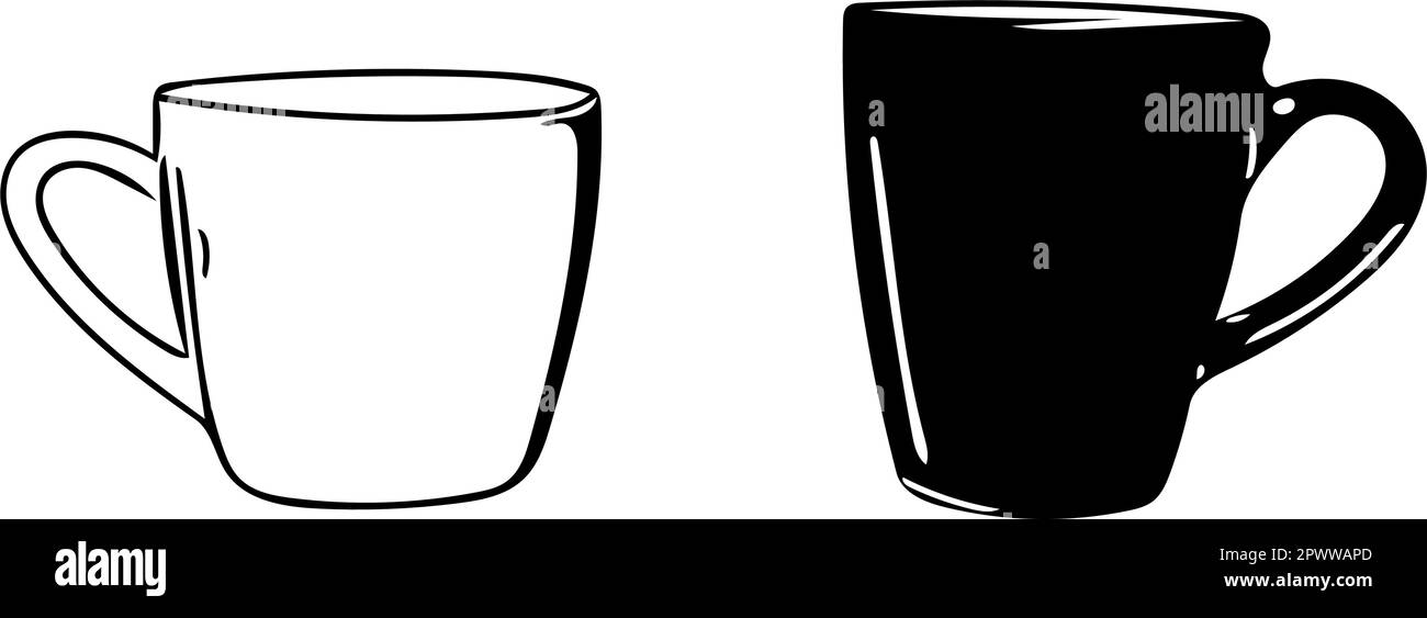 Kaffeetassen in schwarz-weißem Vektordesign auf transparentem Hintergrund. Stock Vektor