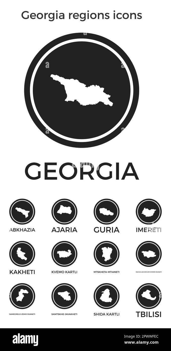 Symbole für Regionen in Georgien. Schwarze runde Logos mit Karten und Titeln der jeweiligen Region. Vektordarstellung. Stock Vektor