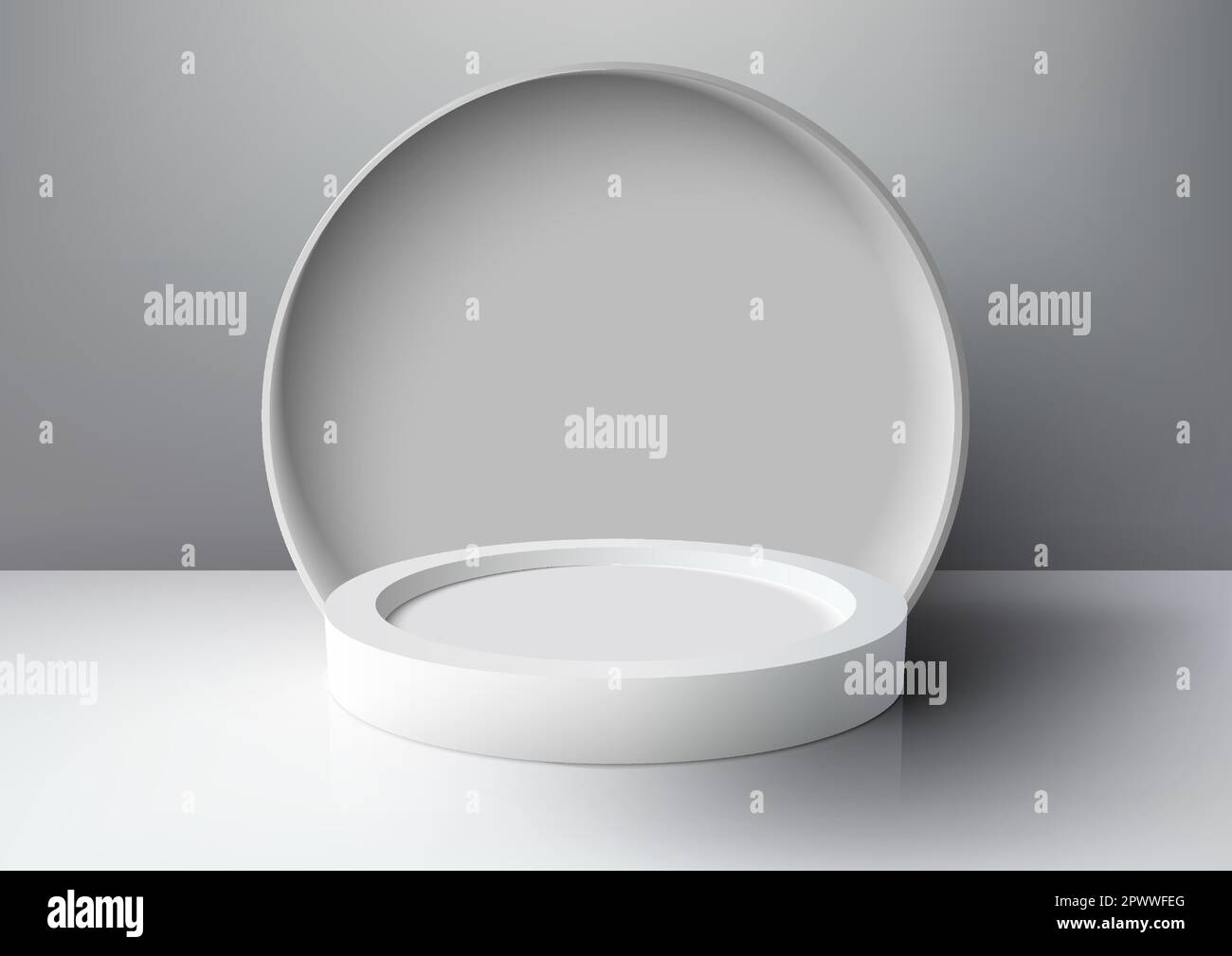 Realistisches 3D-Mockup-Display leeres weißes Podium-Plattformdisplay mit weißem kreisförmigem Hintergrund auf minimaler Wandszene grauer Hintergrund und natürlichem Licht. Yo Stock Vektor