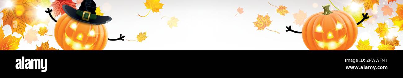 Horizontales Banner mit Halloween-Kürbissen auf dem Hintergrund von Konfetti aus Herbstblättern Stock Vektor