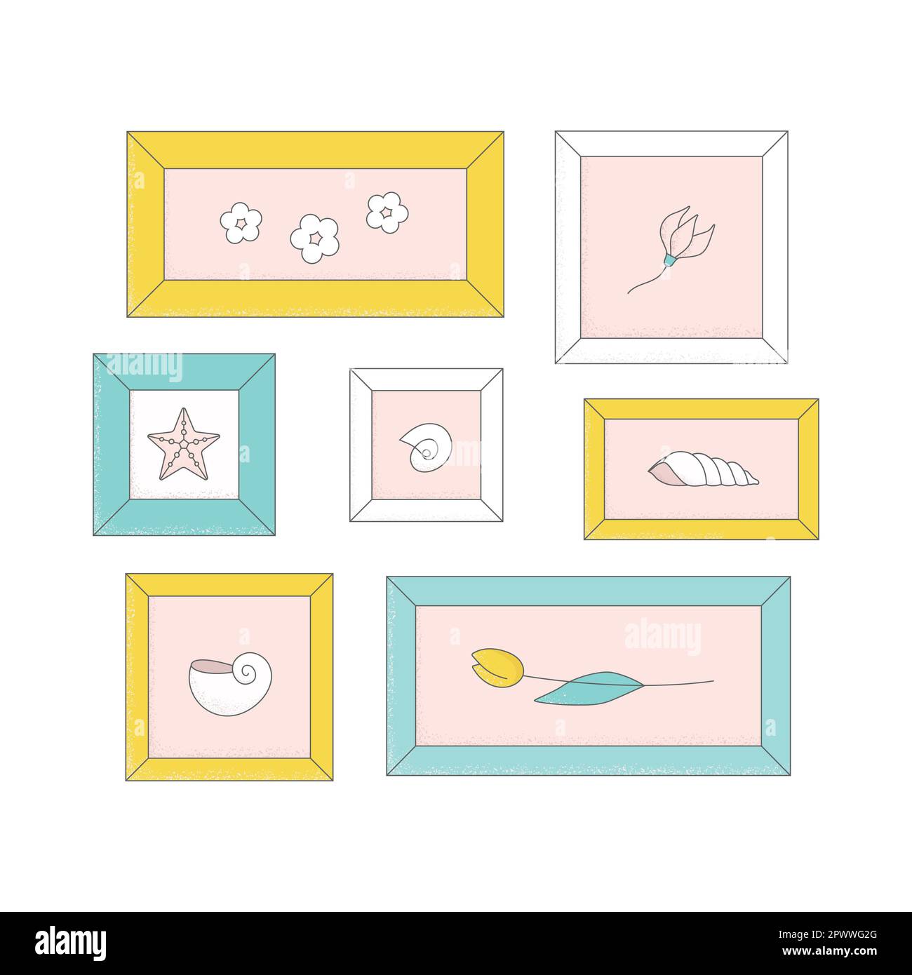 Helle Rahmen an der Wand. Vektorgrafik mit Foto, Gemälde Kunstgalerie im skandinavischen Interieur. Stock Vektor