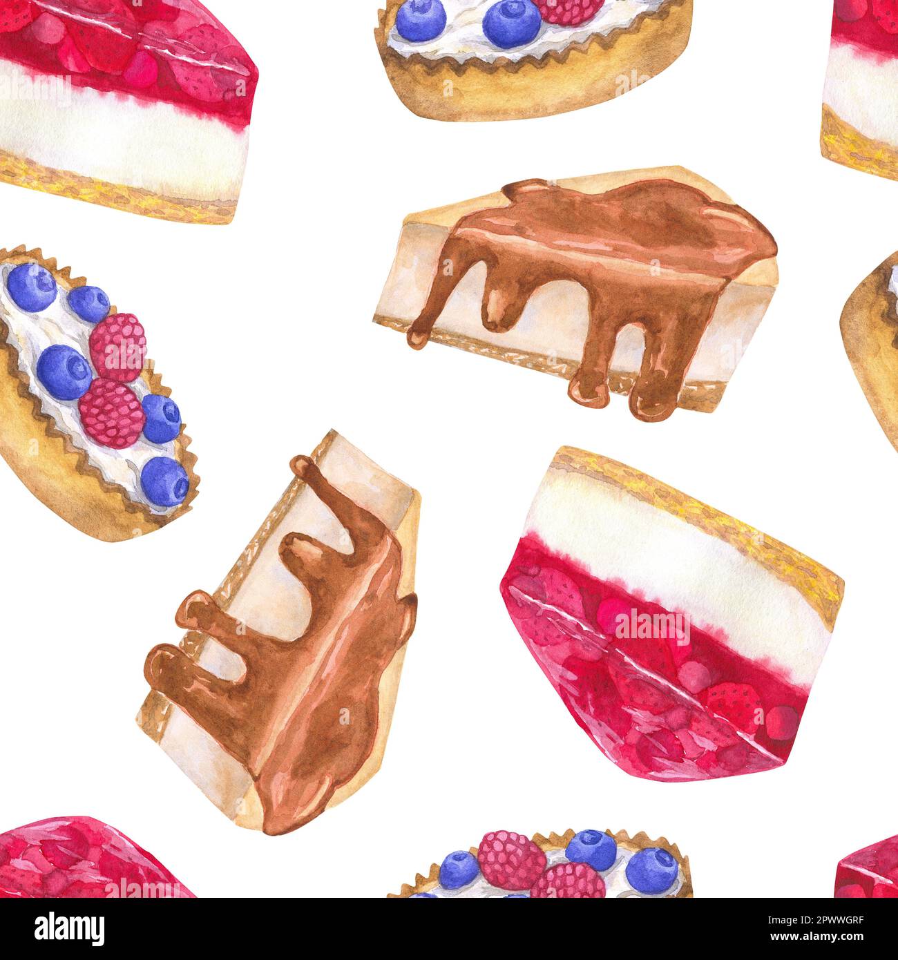 Köstliche Desserts. Nahtloses Muster. Handgezeichnete Aquarelle. Textur für Druck, Stoff, Textiltapete Stockfoto