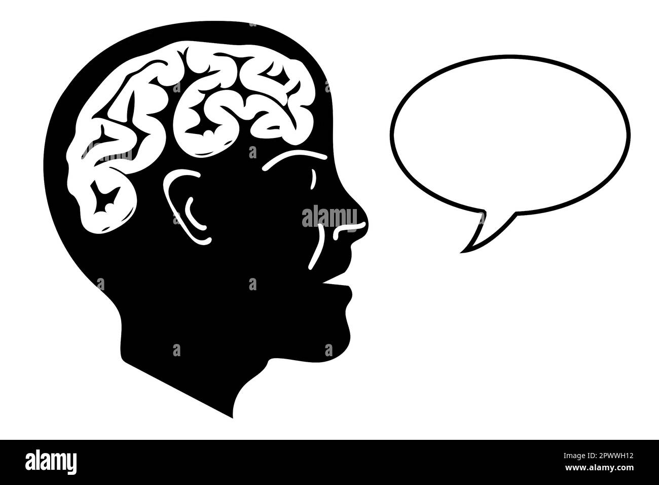 Menschliche Kopfsilhouette mit Gehirn. Der Mann denkt und spricht. Vektorsymbol. Stock Vektor