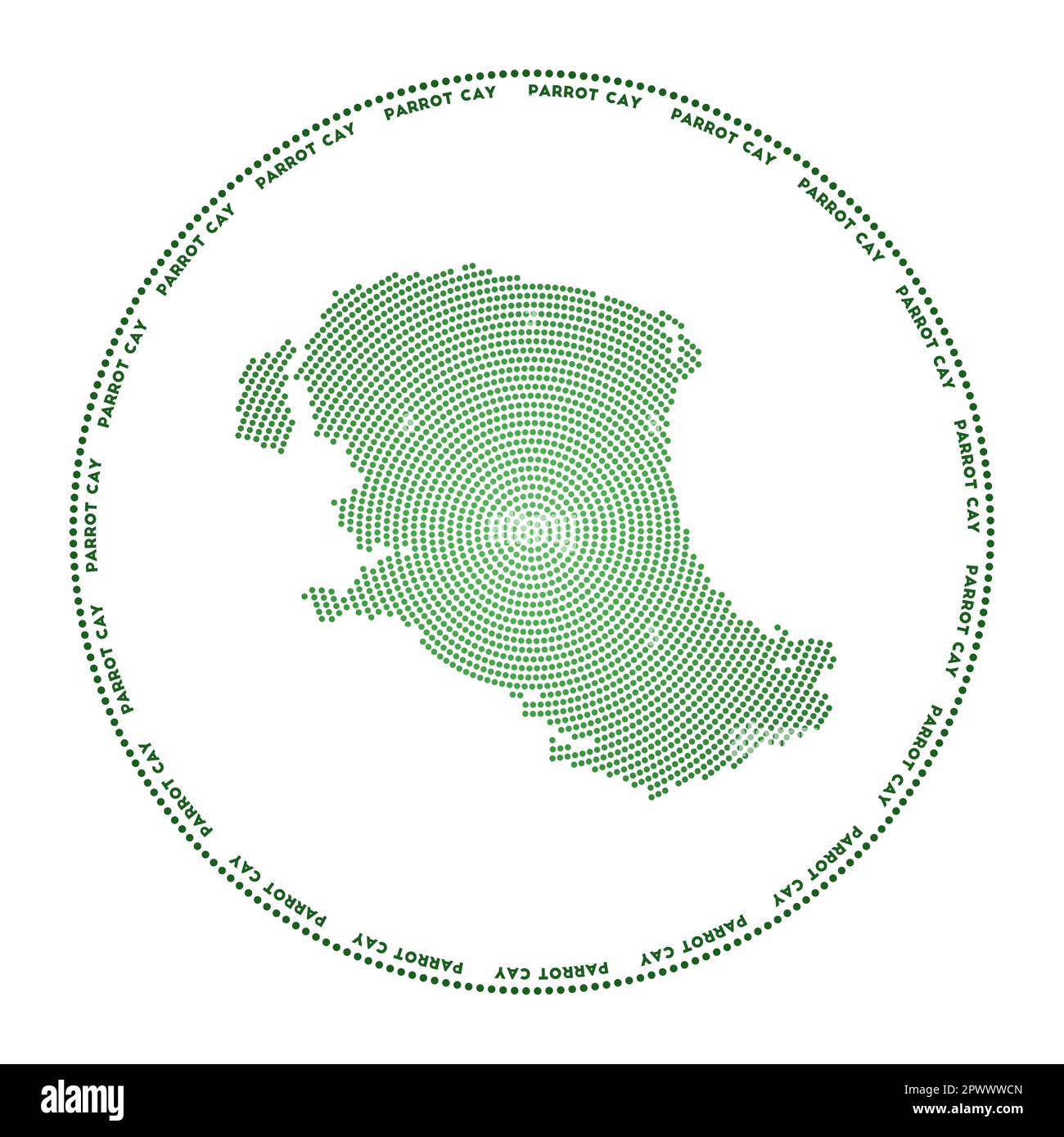 Parrot Cay rundes Logo. Digitale Form von Parrot Cay im gepunkteten Kreis mit Inselnamen. Techniksymbol der Insel mit graduierten Punkten. Stock Vektor