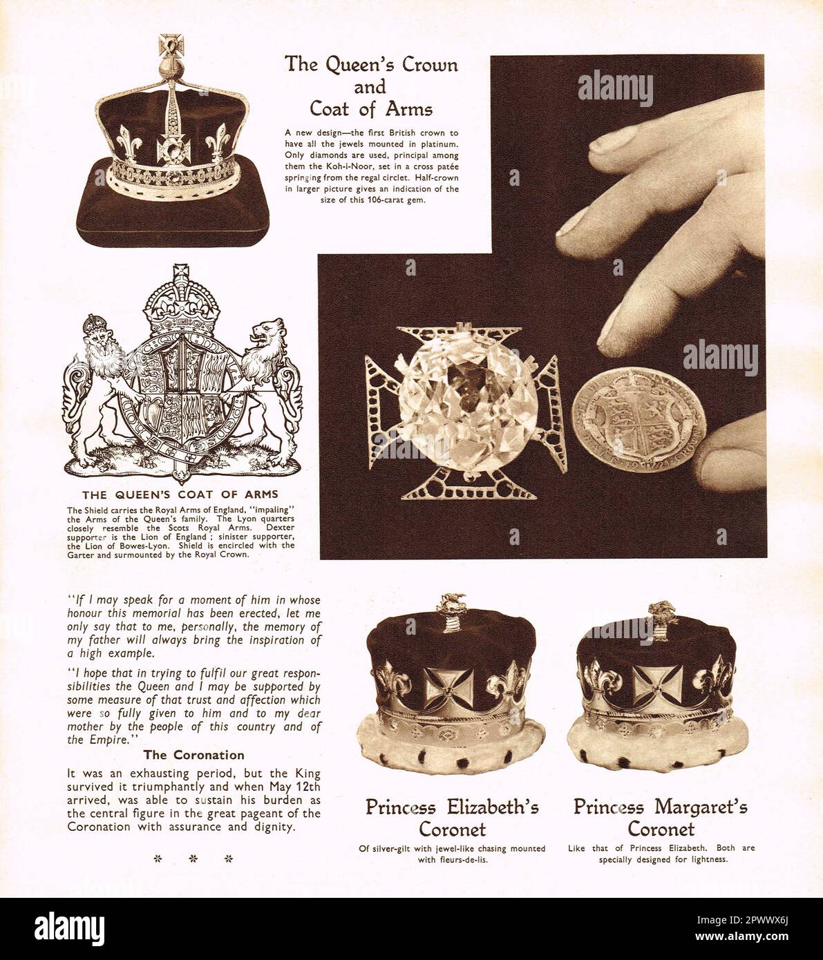 Die Krönungsregalie. Die Krone und das Wappen der Königin und die Kröne von Prinzessin Elizabeth und Prinzessin Margaret, 1937 Stockfoto