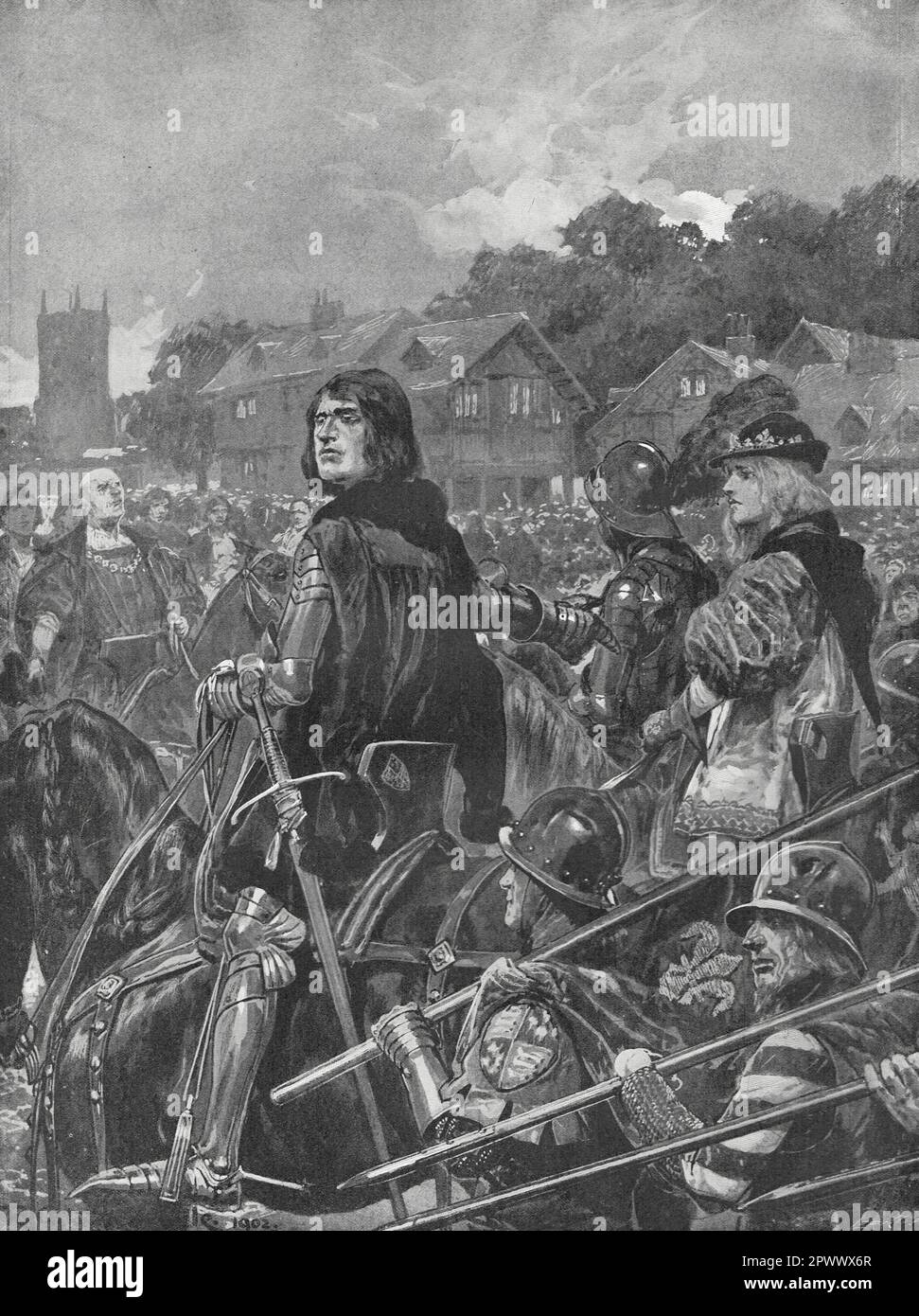 Edward V., der einzige ungekrönte König von England, begleitet von seinem Onkel, dem Herzog von Gloucester, der ihn später befragen und als Richard III regieren sollte Empfangen vom Bürgermeister von London, 4. Mai 1483 Stockfoto