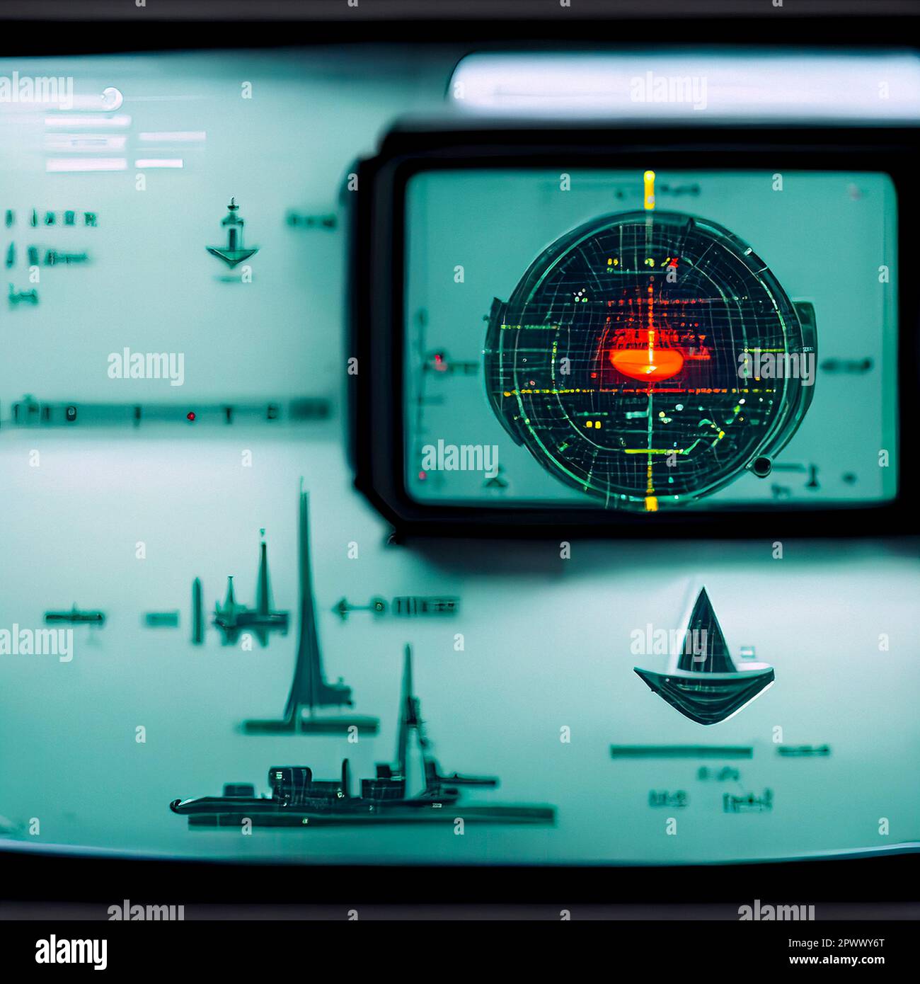 Echolot-Bildschirm für U-Boote und Schiffe. Radarsonar mit Objekt auf Karte. Futuristischer HUD-Navigationsmonitor Stockfoto