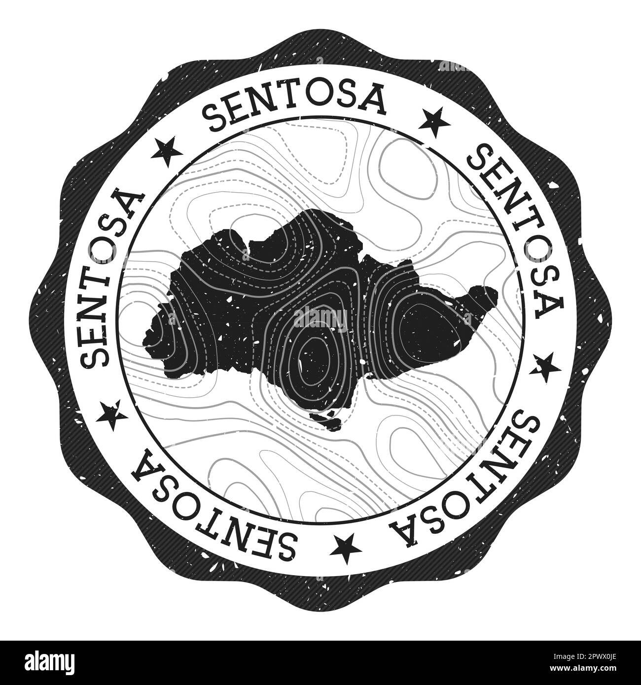 Sentosa-Stempel für den Außenbereich. Runder Aufkleber mit Landkarte der Insel mit topographischen Isolinien. Vektorabbildung. Stock Vektor