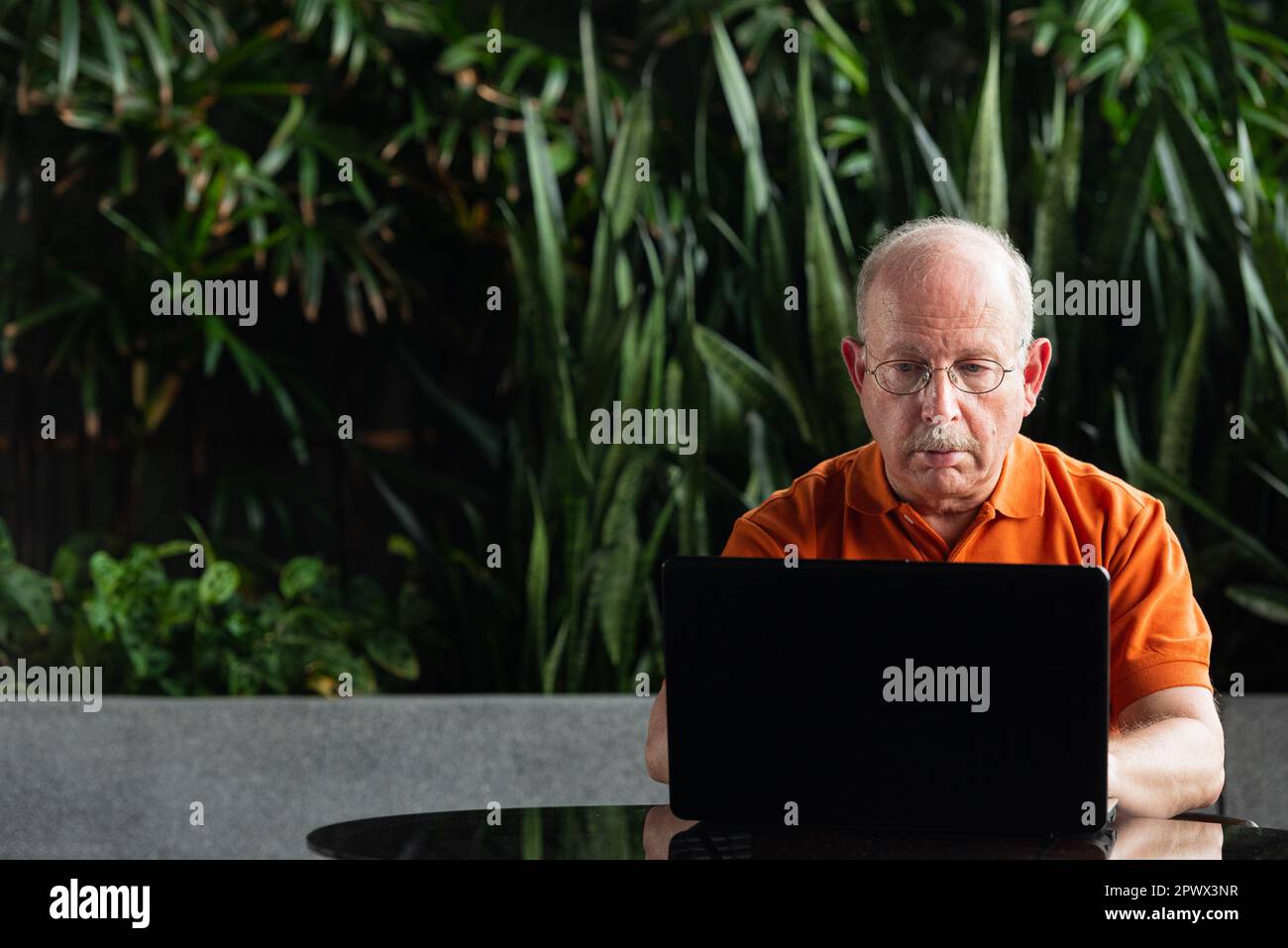 Grauhaariger Senior-Mann mit Schnurrbart, Brille und Laptop-Computer im Freien Stockfoto
