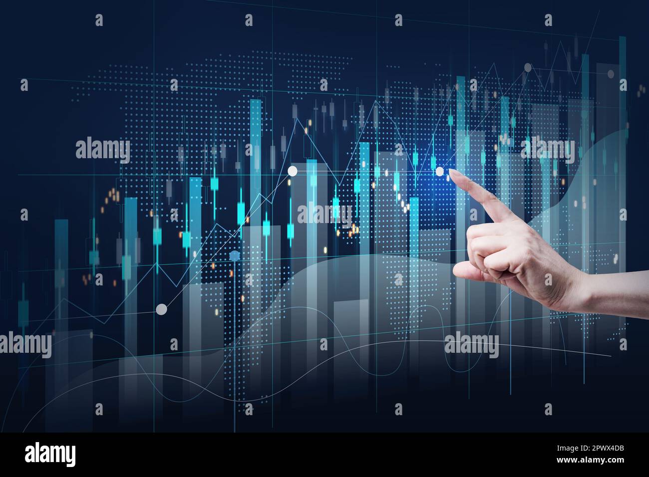 Holographisches Diagramm mit steigenden Zinsen und Indikatoren. Geschäftswachstumskonzept, hohe Profitabilität, erfolgreiche Gründung. Das Wachstum des Wechselkurses Stockfoto