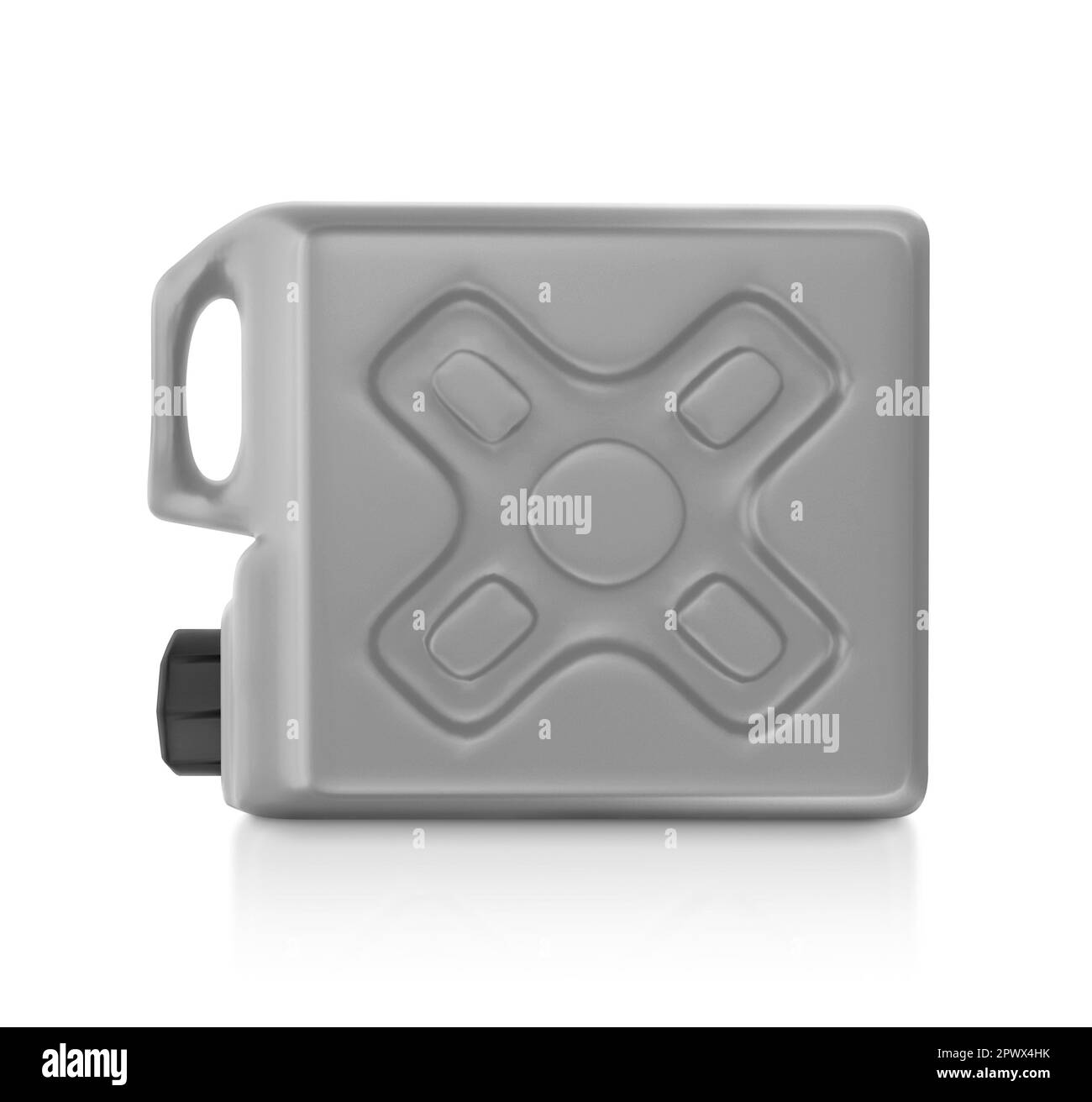 Leere Verpackung graue Plastikgallone isoliert auf weißem Hintergrund. 3D-Rendern Stockfoto