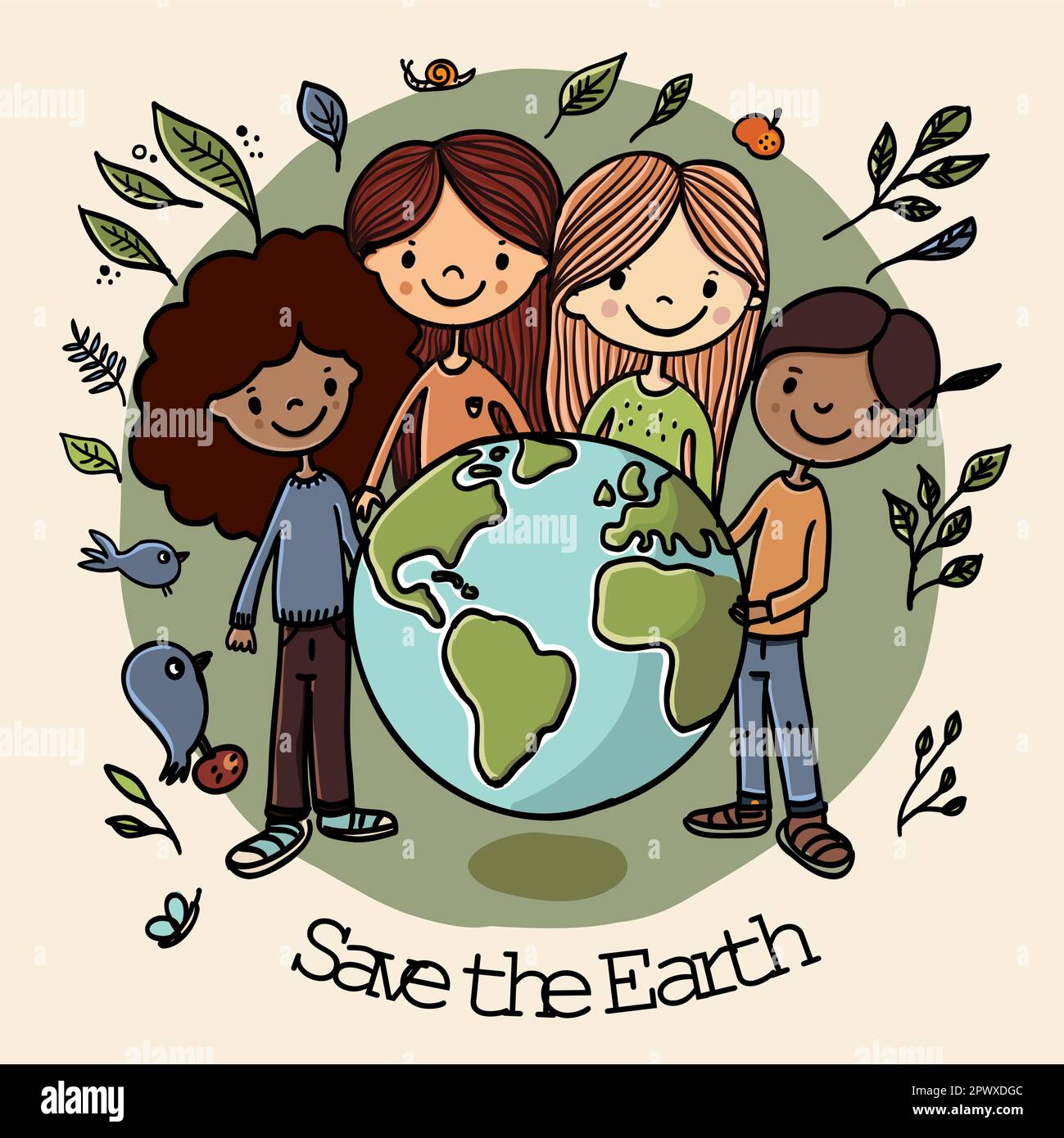 Happy Earth Day - handgezeichnetes Banner mit multiethnischen Kindern, das für den Earth Day kämpft. Farbige Vektordarstellung mit verschiedenen Jungen Stock Vektor
