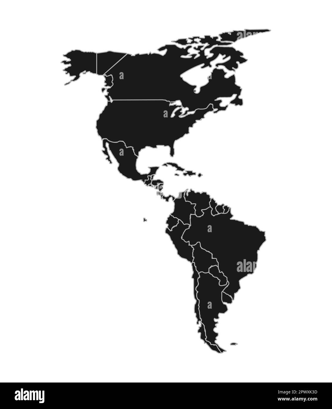 Karte von Nord- und Südamerika in Schwarz. Karte des amerikanischen Kontinents mit Ländergrenzen auf weißem Hintergrund. Vektor Stock Vektor