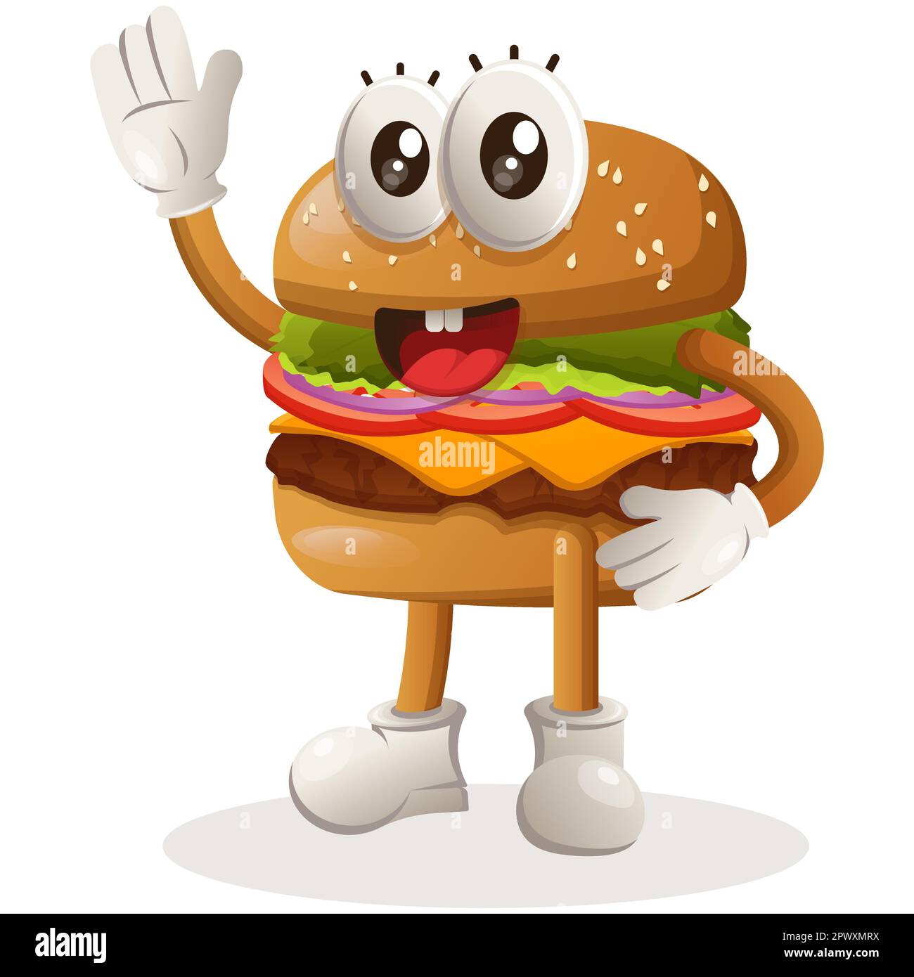 Süßes Burger-Maskottchen-Design mit winkender Hand. Burger-Cartoon-Maskottchen-Design. Köstliches Essen mit Käse, Gemüse und Fleisch. Süßes Maskottchen Vektor krank Stock Vektor