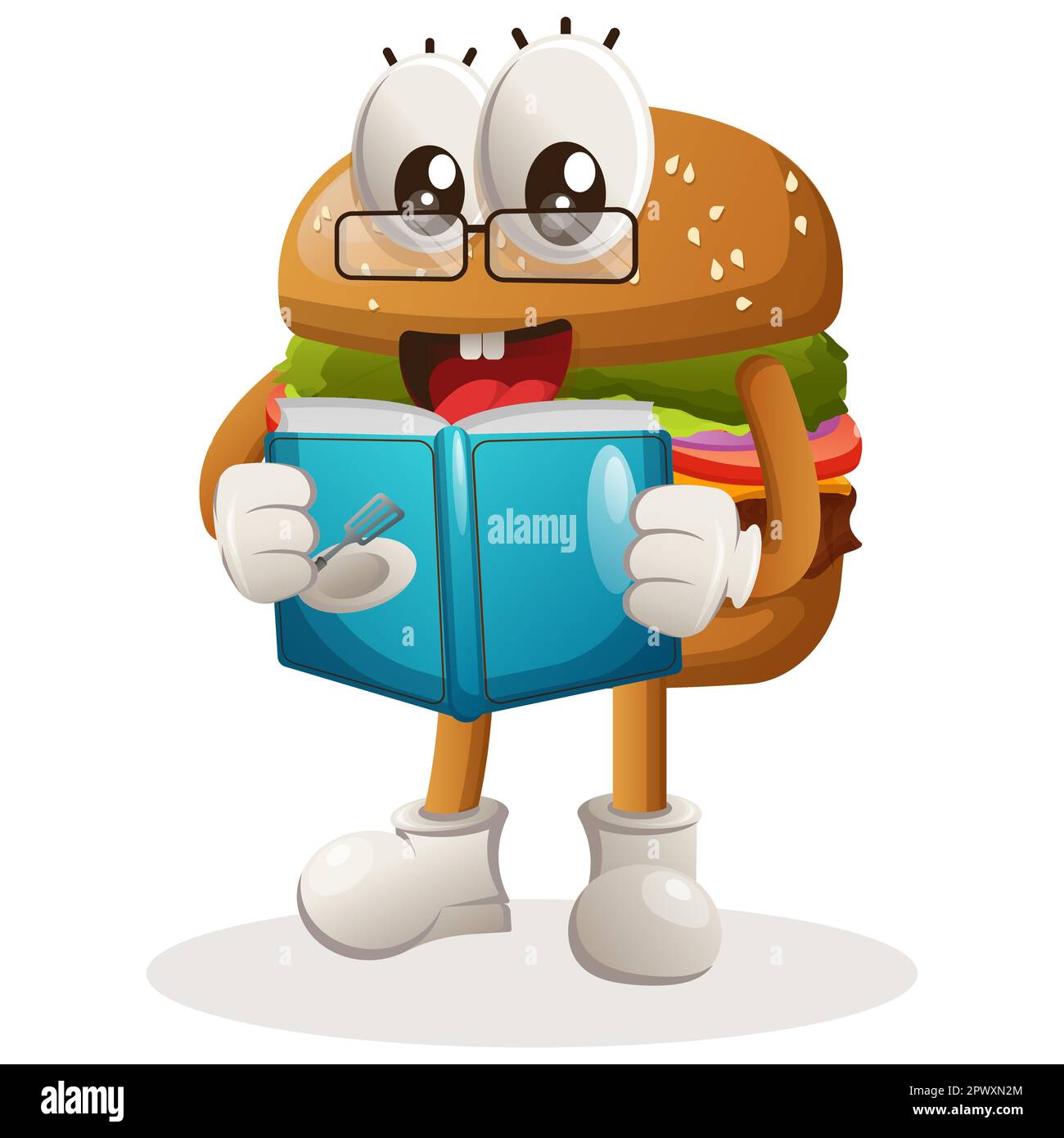 Süßes Burger-Maskottchen-Design beim Lesen eines Buches, Rezeptbuch. Burger-Cartoon-Maskottchen-Design. Köstliches Essen mit Käse, Gemüse und Fleisch. Süßer Mann Stock Vektor