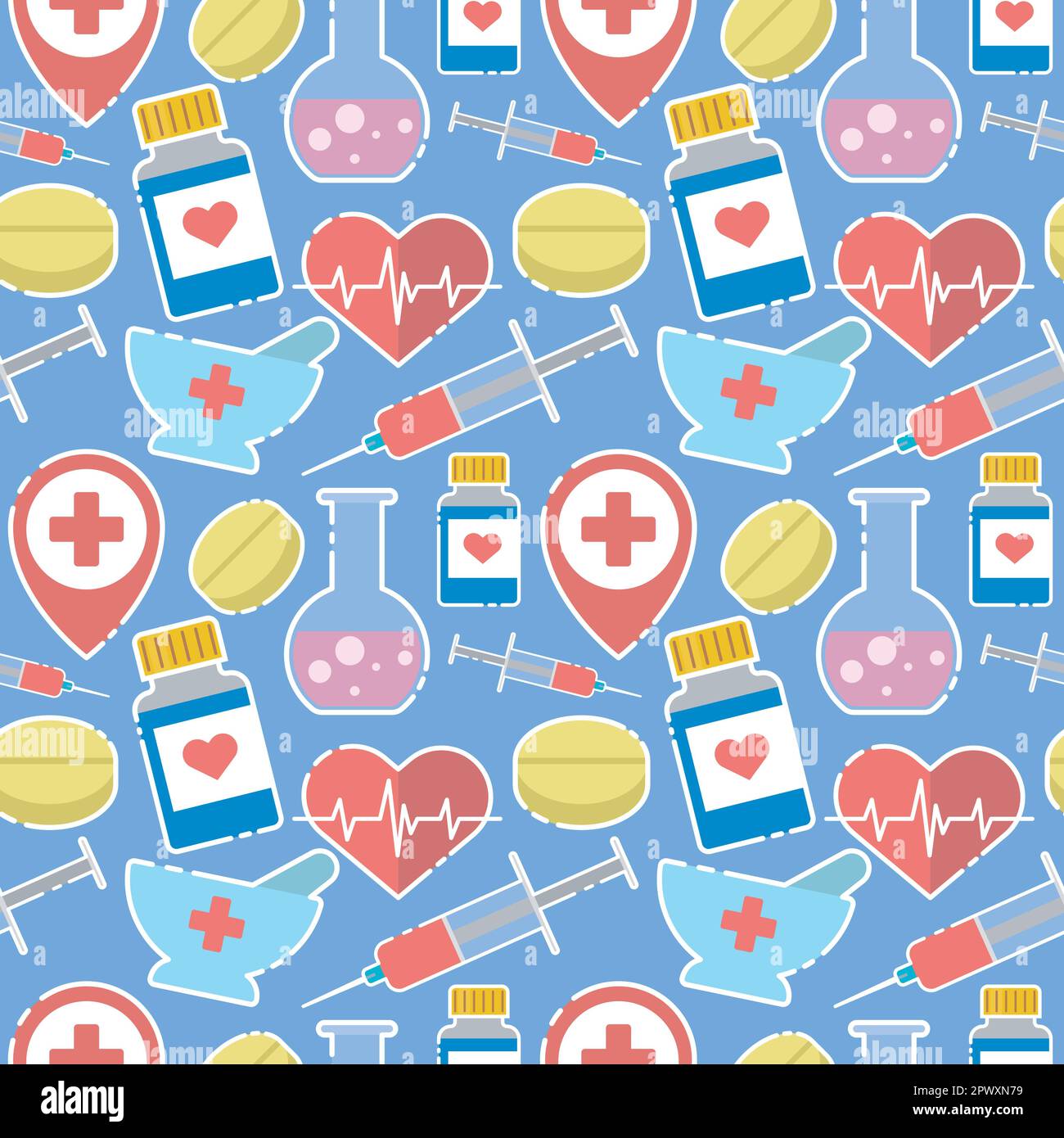 Medizinisches Muster mit Elementen der Geo-Position, Pillen, Flasche mit Sirup, Spritze und Laborkolben Stock Vektor