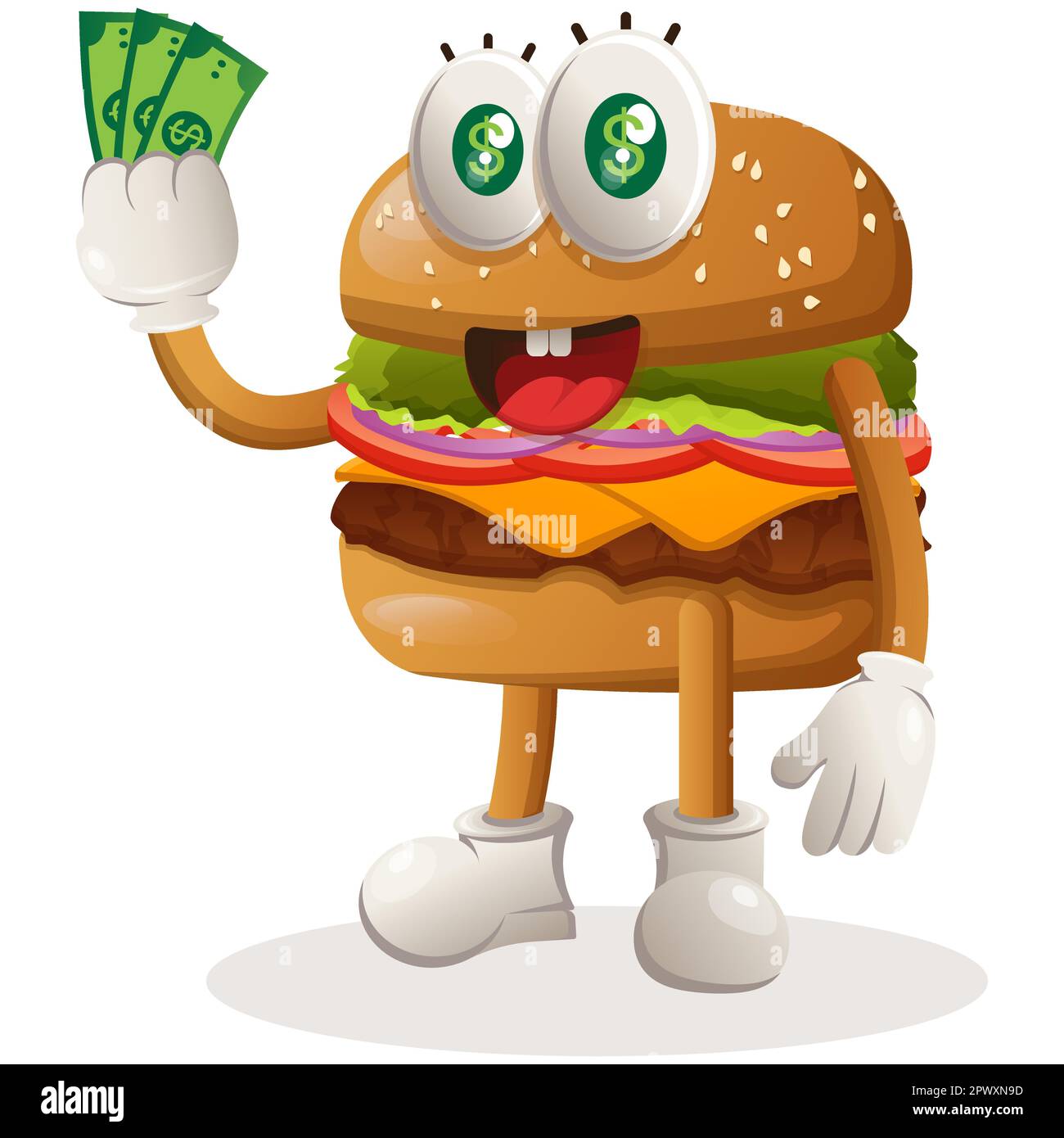 Süßes Burger-Maskottchen-Design mit Geld. Burger-Cartoon-Maskottchen-Design. Köstliches Essen mit Käse, Gemüse und Fleisch. Süßer Maskottchen-Vektor i Stock Vektor