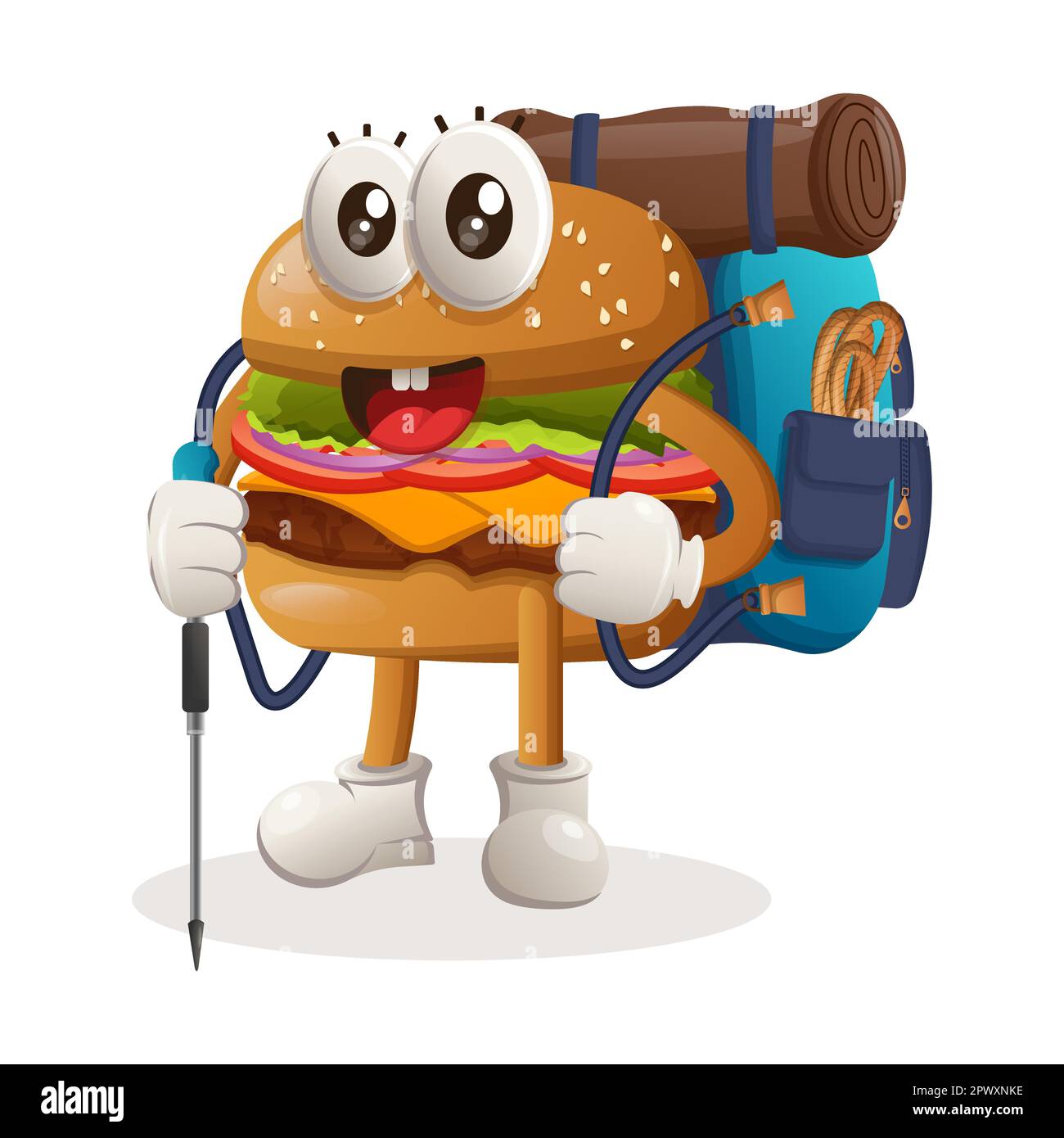 Süßes Burger-Abenteuer-Trekking. Perfekt für Lebensmittelgeschäfte, kleine Unternehmen oder E-Commerce, Merchandise und Aufkleber, Bannerwerbung, Blog zur Lebensmittelbewertung oder V Stock Vektor