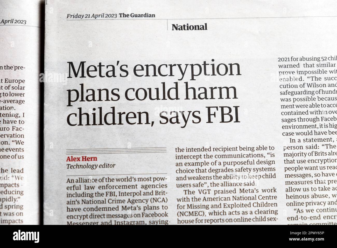 „Die Verschlüsselungspläne von Meta könnten Kindern schaden“, sagt FBI, Guardian, Headline Technology Artikel 21. April 2023 London UK Stockfoto