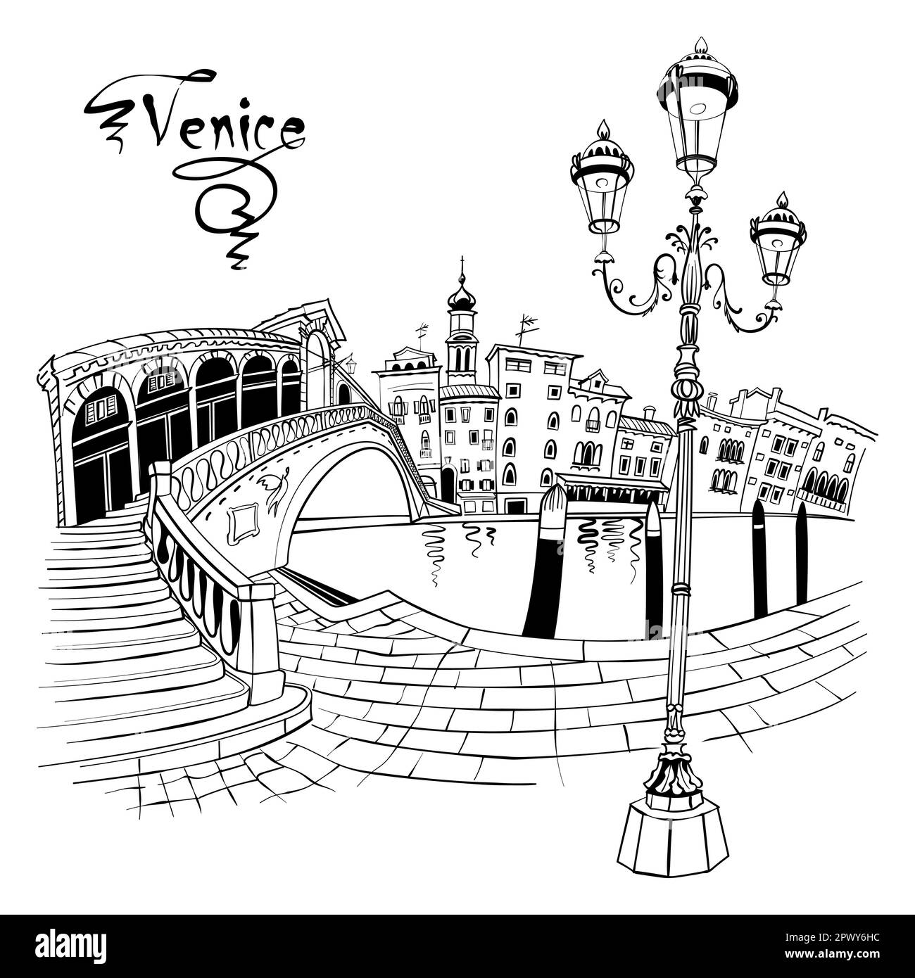 Vektortypische venezianische Straßenlaterne und Rialtobrücke über dem Canale Grande in Venedig, Italien. Schwarz auf Weiß Stockfoto
