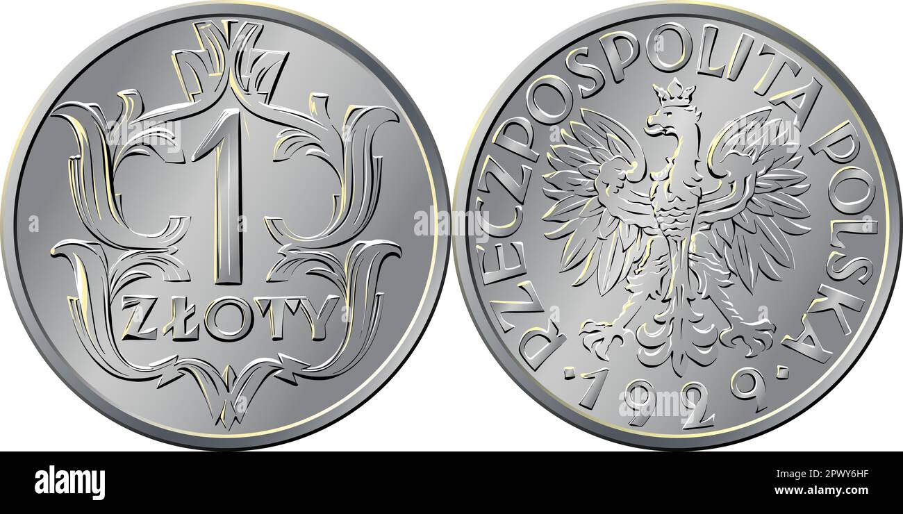 vektorgeld eine Zloty Silbermünze 1929, rückwärts mit Wert und 1 Kranz aus Blättern, obverser Adler in einer Krone Stockfoto