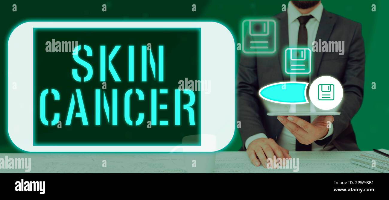 Begriffliche Beschriftung Hautkrebs, begriffliches, fotounkontrolliertes Wachstum abnormer Hautzellen durch Sonneneinstrahlung Stockfoto