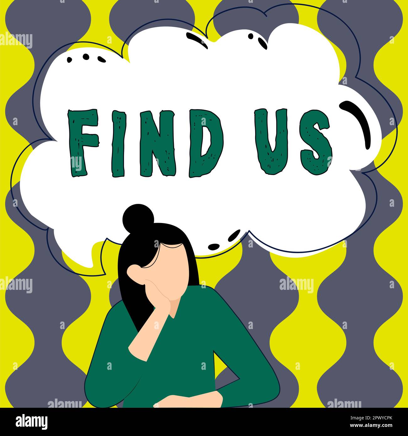 Textunterschrift mit privaten oder persönlichen Informationen von „Find US“, „Business Idea“ oder „Individuals“ durch eine andere Person Stockfoto