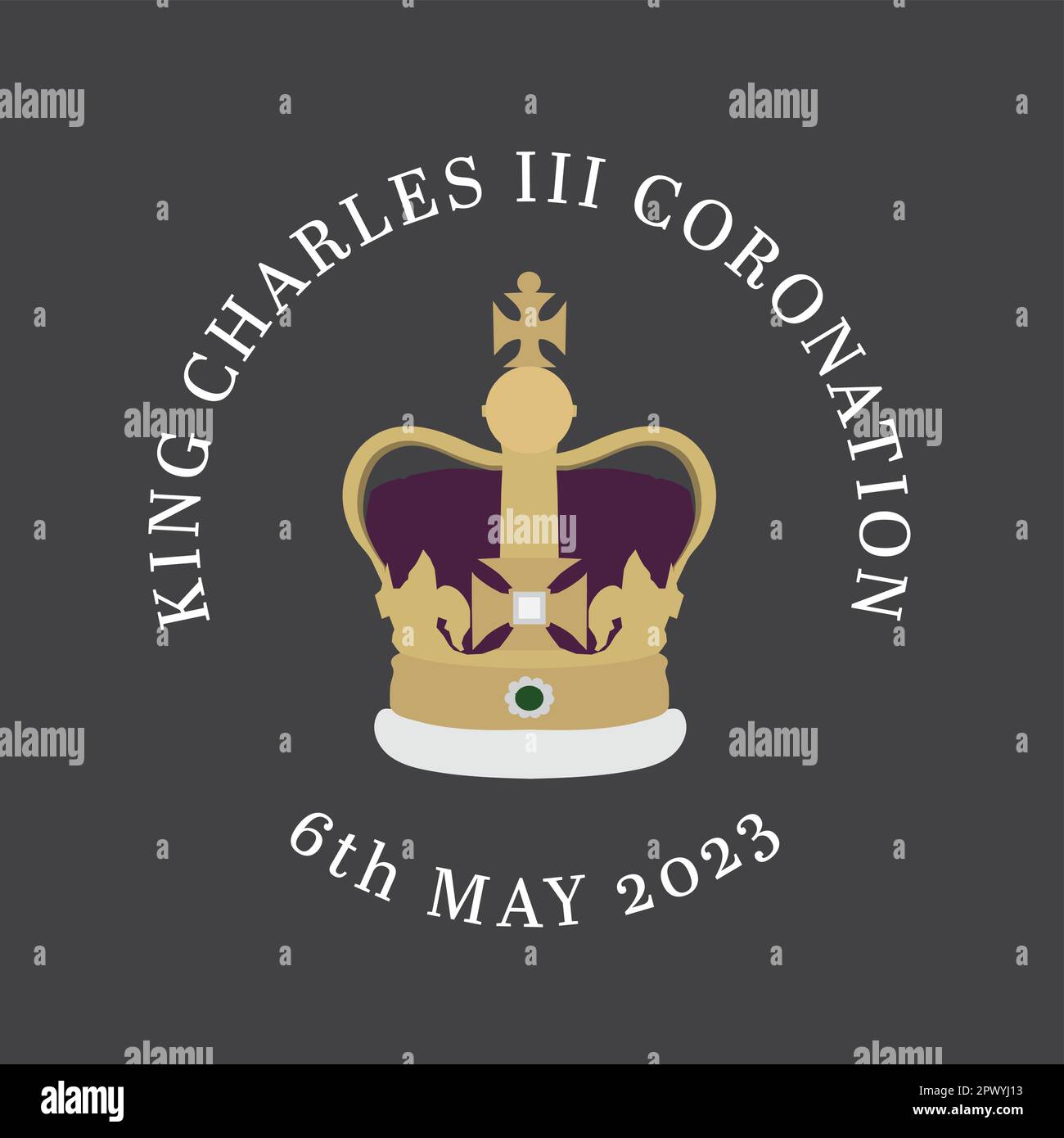 König Karl III. Krönungsvektordarstellung mit Krone auf dunklem Hintergrund Stock Vektor