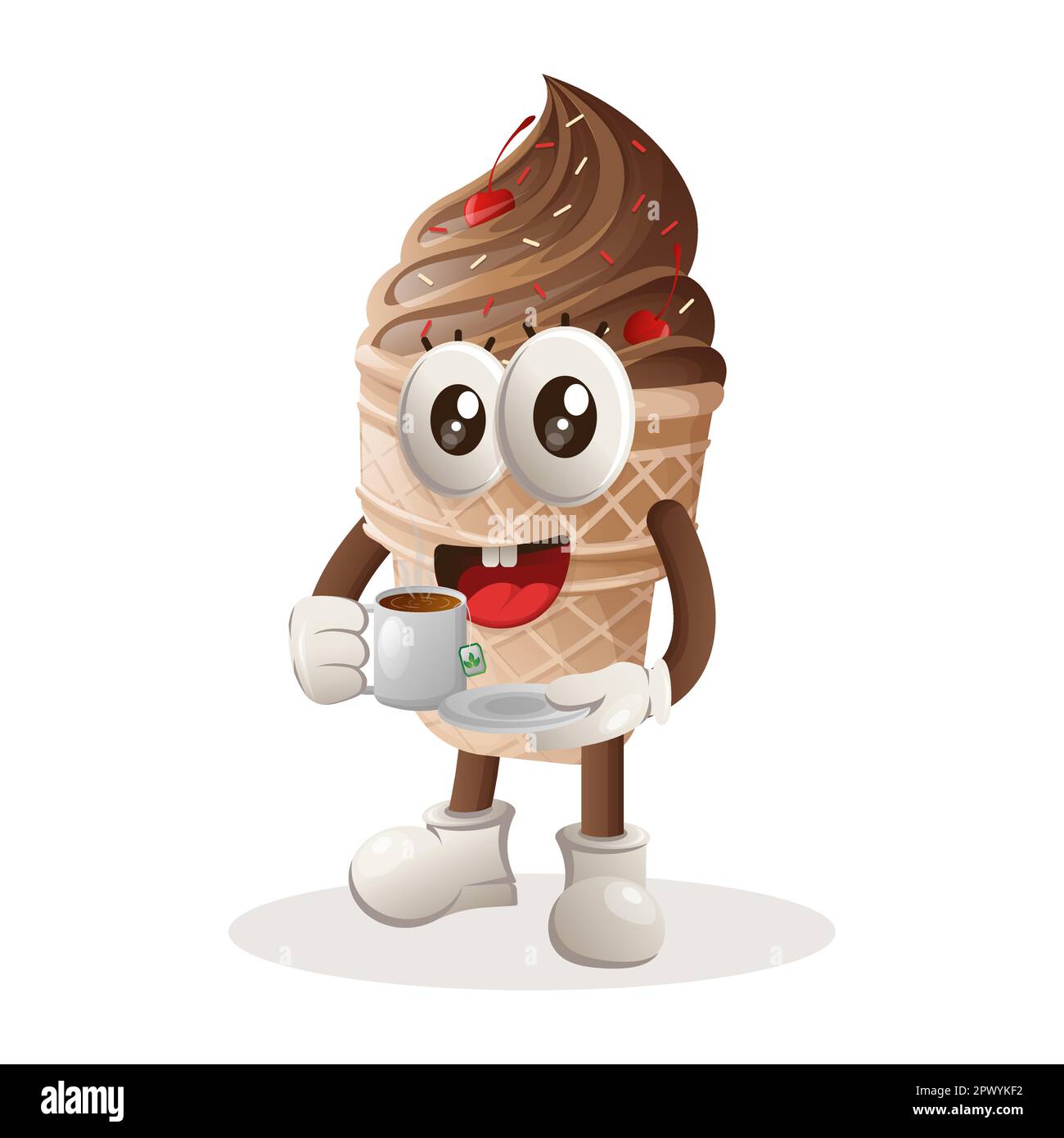 Süßes Eiscreme-Maskottchen, das Tee trinkt, Teezeit. Perfekt für Lebensmittelgeschäfte, kleine Unternehmen oder E-Commerce, Merchandise und Aufkleber, Bannerwerbung, Food RE Stock Vektor