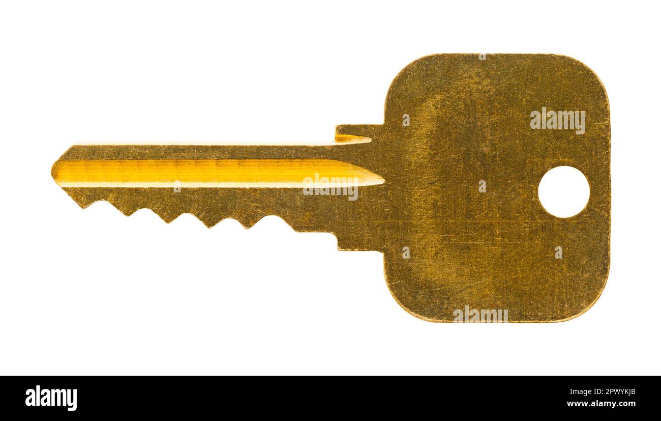 Messing-Shop-Schlüssel auf Weiß ausgeschnitten. Stockfoto