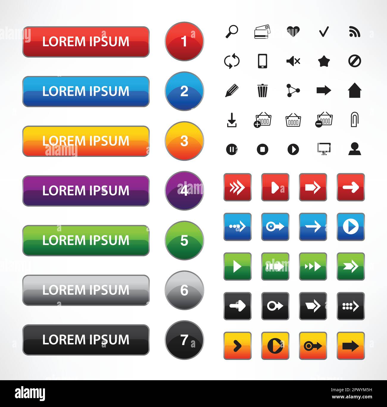 vektorsatz von farbigen Schaltflächen für die Grundfläche, Satz von Symbolen, Pfeile Stock Vektor
