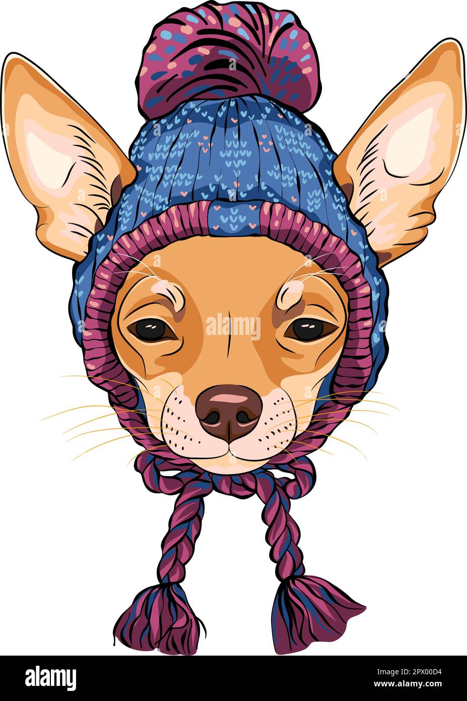 Vektorskizze des niedlichen Hipsters Chihuahua mit Strickmütze und Schal Stock Vektor
