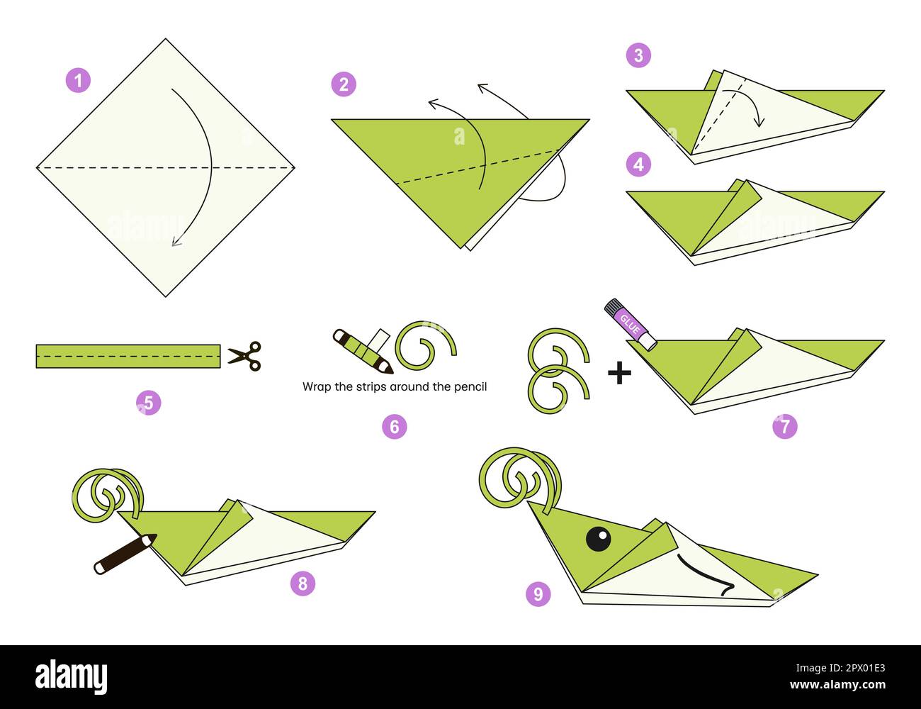 Origami-Tutorial für Kinder. Origami, süßer Grashüpfer Stock ...