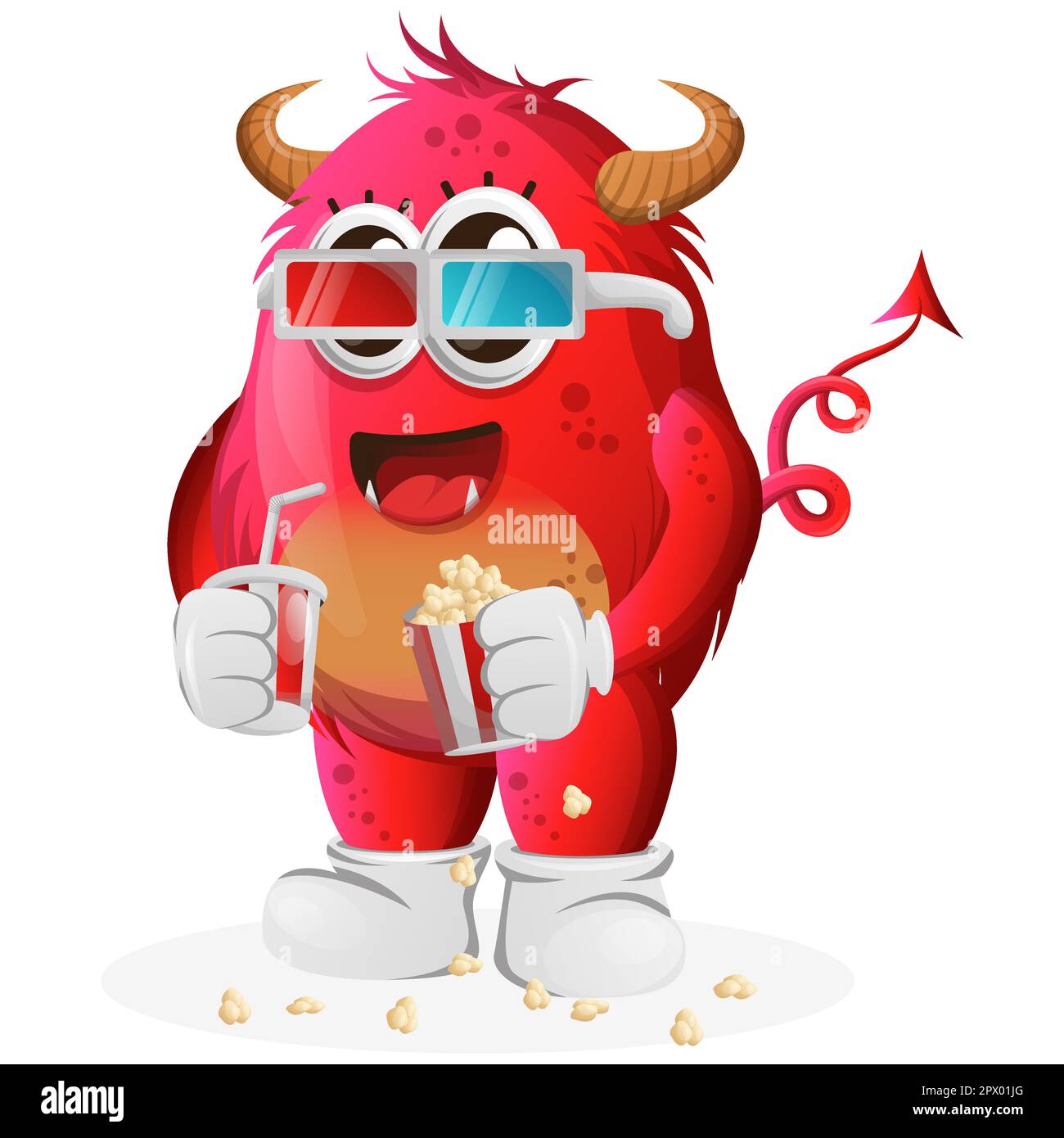 Süßes rotes Monster, das einen Film mit Limonade und Popcorn sieht. Perfekt für Kinder, kleine Unternehmen oder E-Commerce, Merchandise und Aufkleber, Werbebanner Stock Vektor