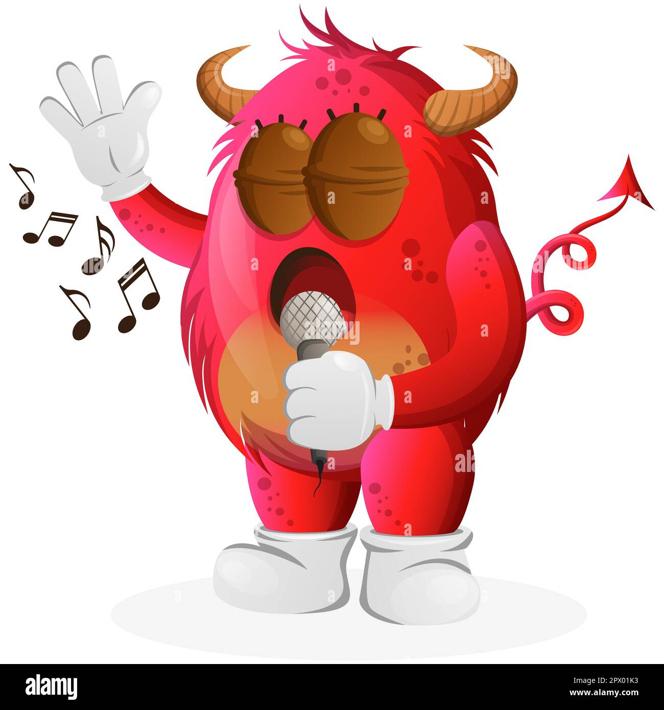 Süßes rotes Monster, das singt, singt ein Lied. Perfekt für Kinder, kleine Unternehmen oder E-Commerce, Merchandise und Aufkleber, Werbebanner, Blog oder Vlog-Kanal Stock Vektor