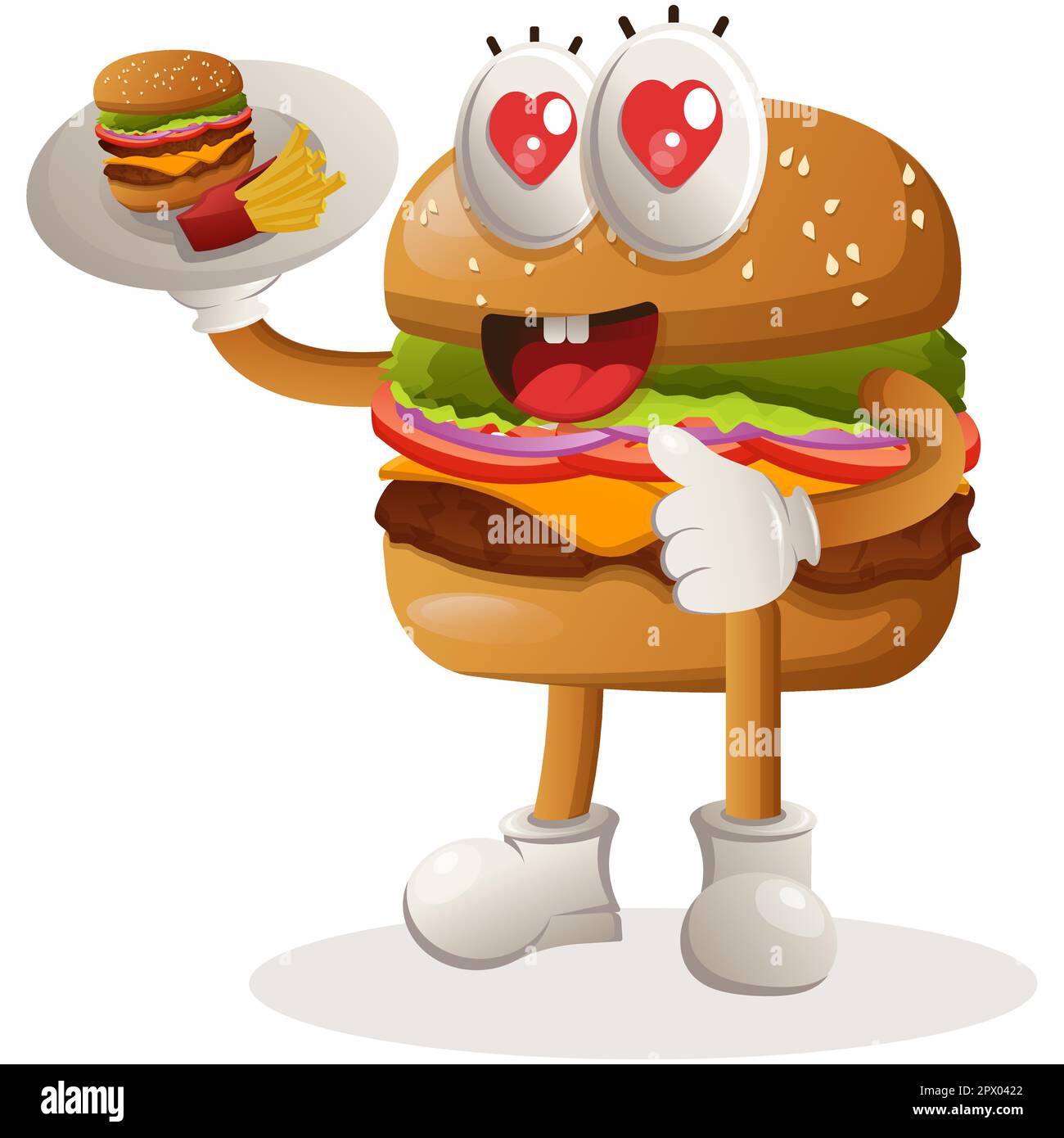 Süßes Burger-Maskottchen-Design, serviert Essen, Kellner. Burger-Cartoon-Maskottchen-Design. Köstliches Essen mit Käse, Gemüse und Fleisch. Süßes Maskottchen Stock Vektor