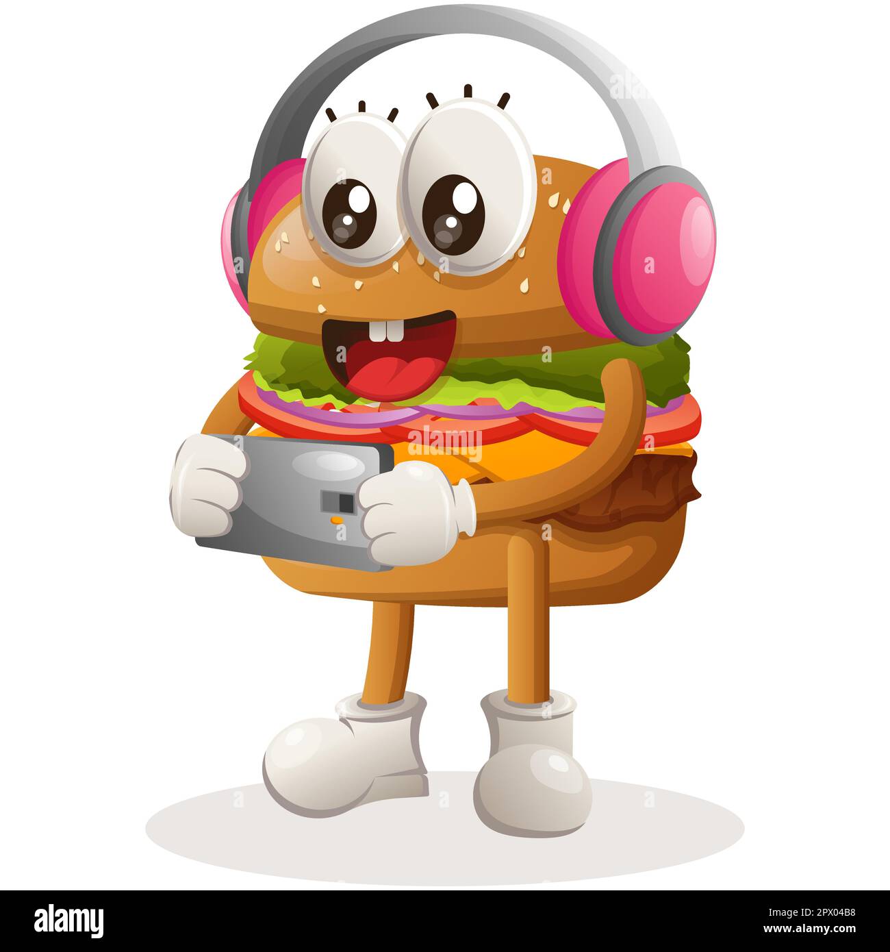 Süßes Burger-Maskottchen-Design, spielt Spielmobil, trägt Kopfhörer. Burger-Cartoon-Maskottchen-Design. Köstliches Essen mit Käse, Gemüse und Stock Vektor