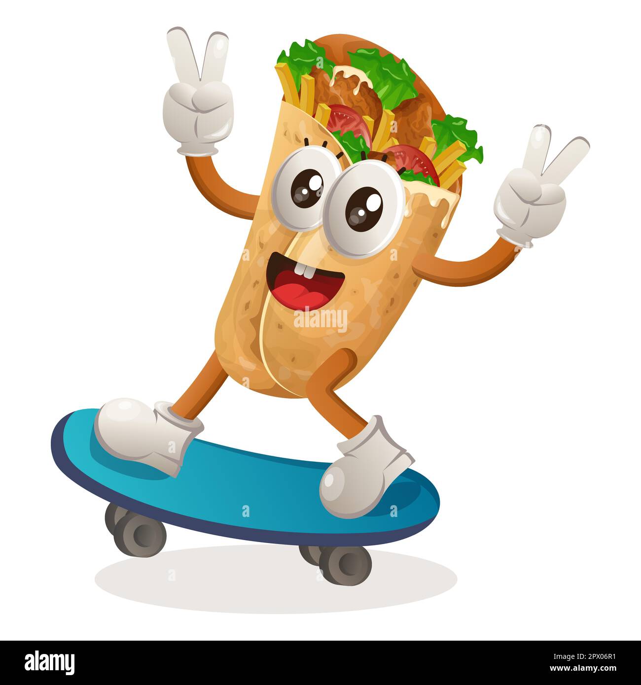 Süßes Burrito-Maskottchen, das Skateboard spielt, Skateboarden. Perfekt für Lebensmittelgeschäfte, kleine Unternehmen oder E-Commerce, Merchandise und Aufkleber, Werbebanner Stock Vektor